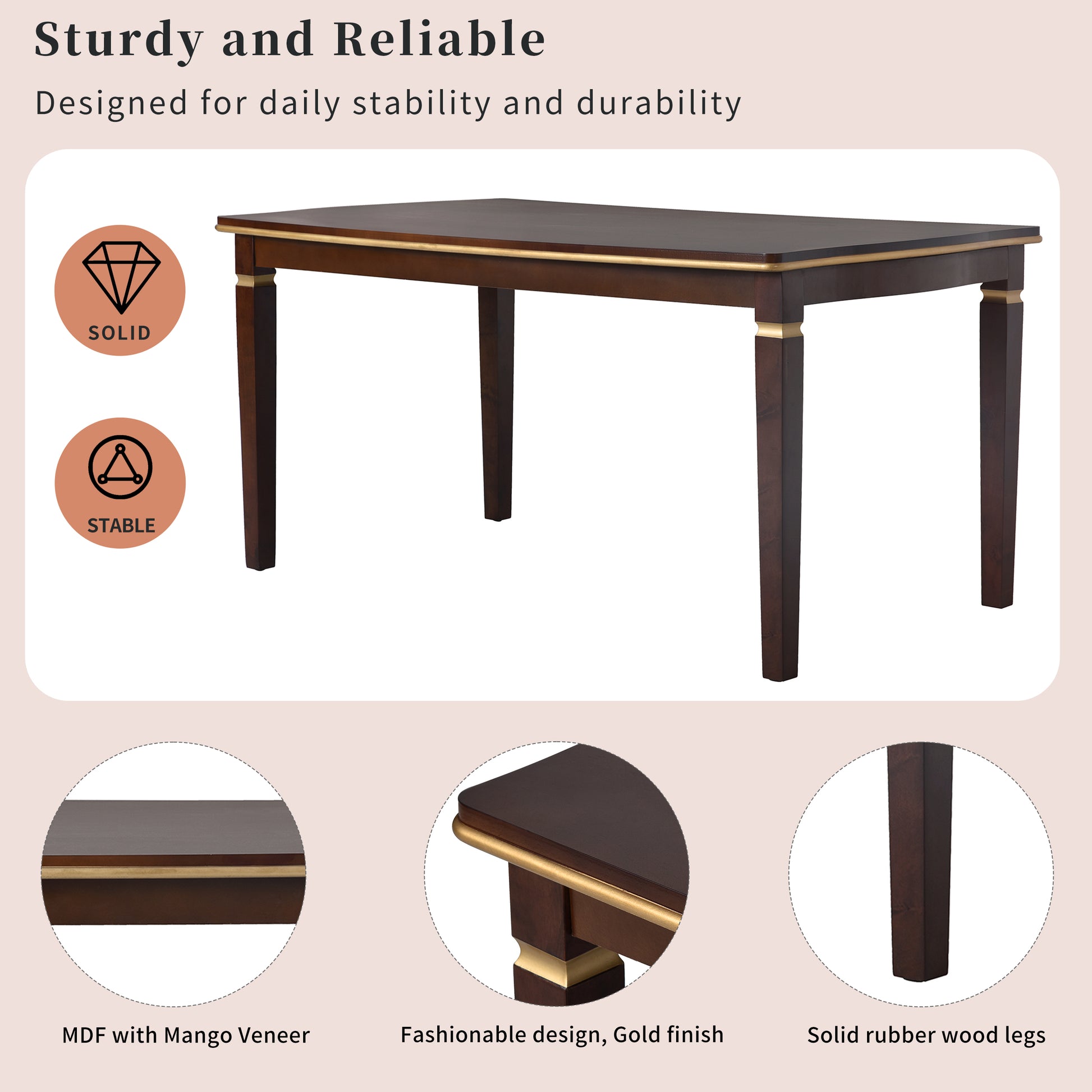 Dark wood dining table with gold trim and solid rubber wood legs