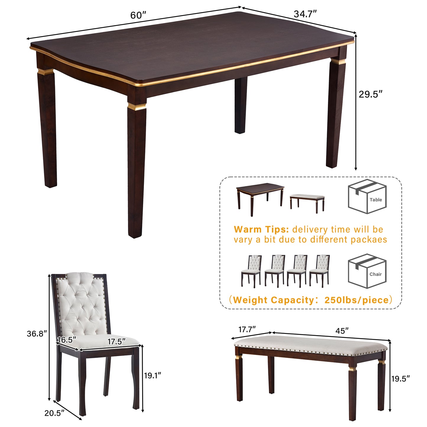 Rectangular dark wood dining table with gold trim accents and four sturdy legs