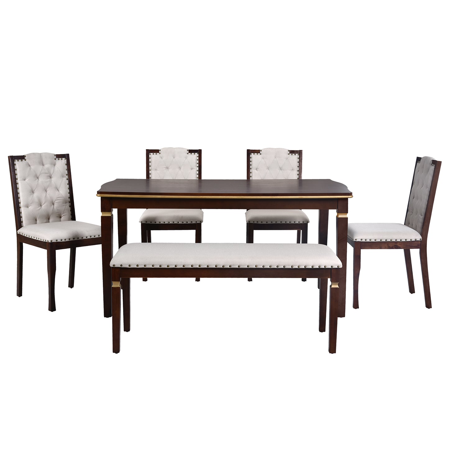Dark wood dining table set with tufted ivory upholstered chairs and bench