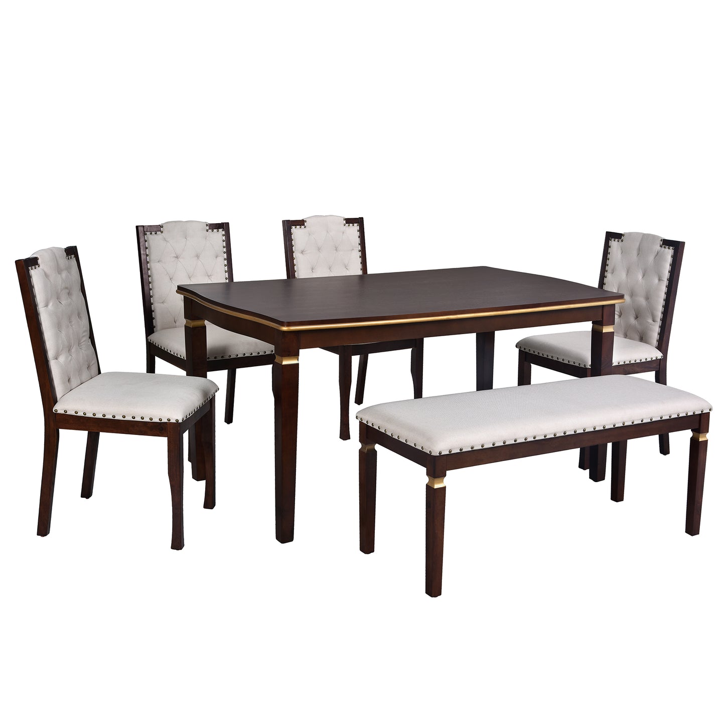 Dark wood dining table with tufted cream chairs and bench elegant style