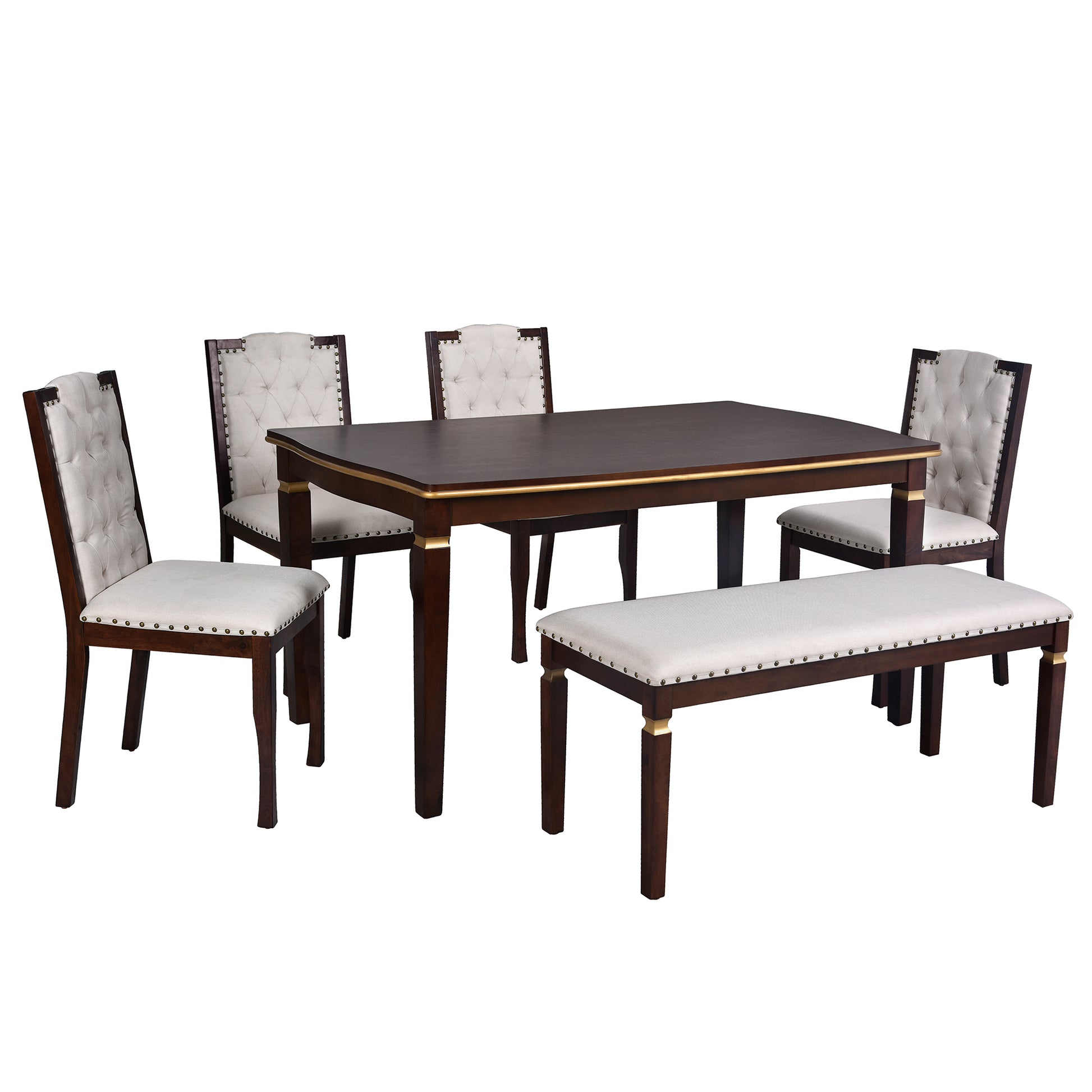 Dark wood dining table with tufted cream chairs and bench elegant style