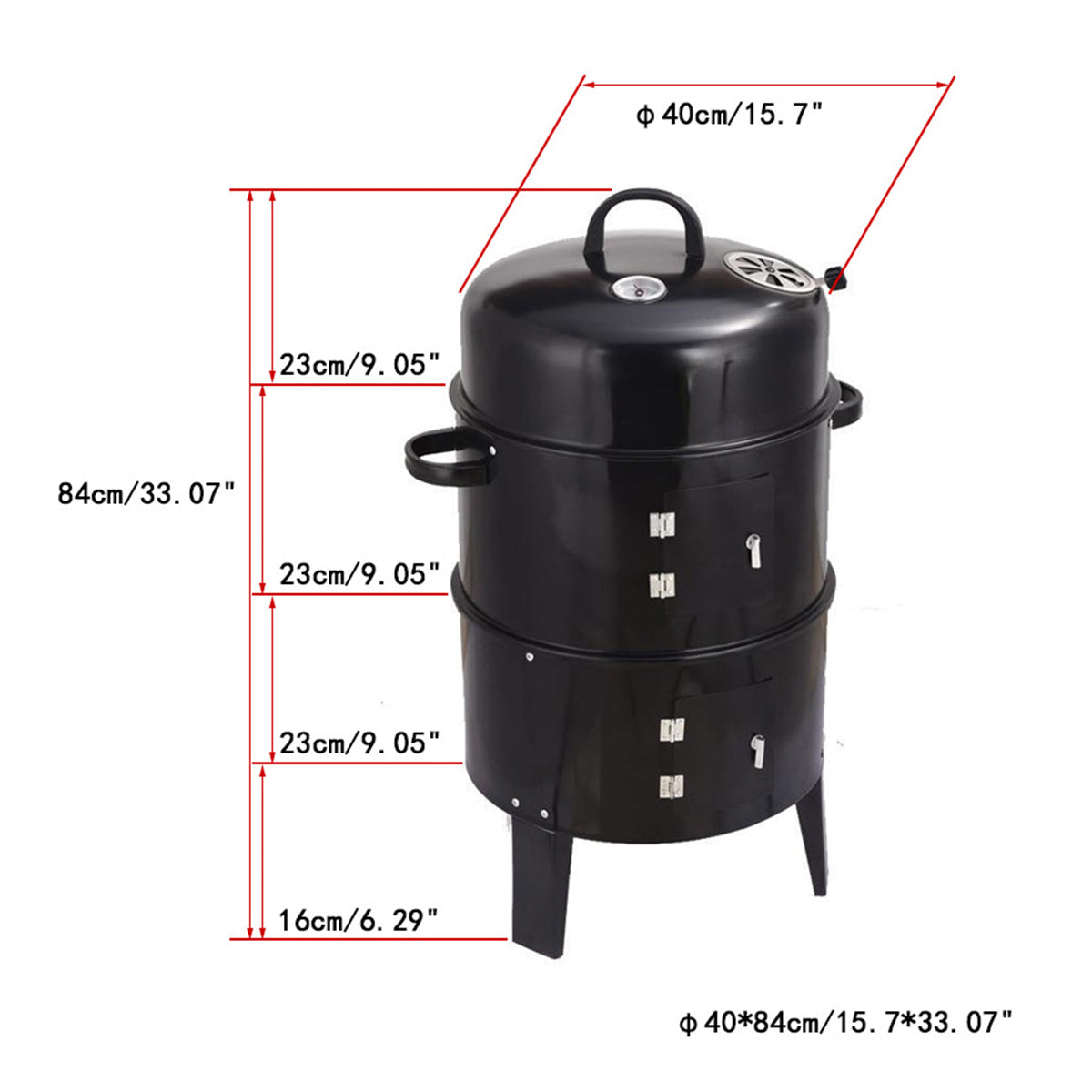 Black portable charcoal smoker with two cooking levels and side doors