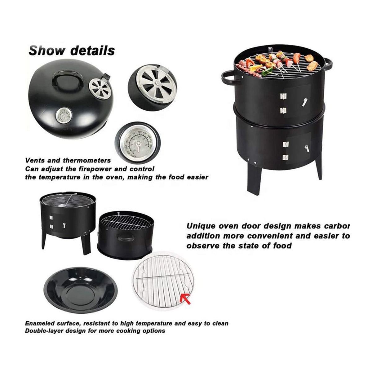 Black doublelayer smoker grill with vents and thermometer for easy cooking