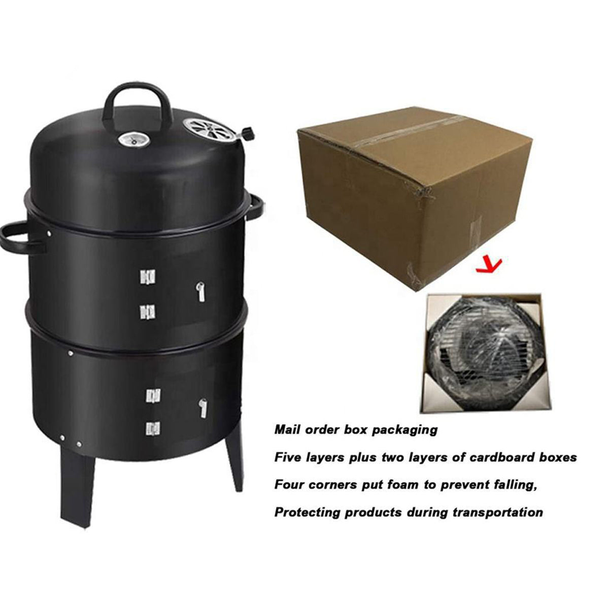 Black charcoal smoker grill with two racks and a builtin thermometer for outdoor cooking