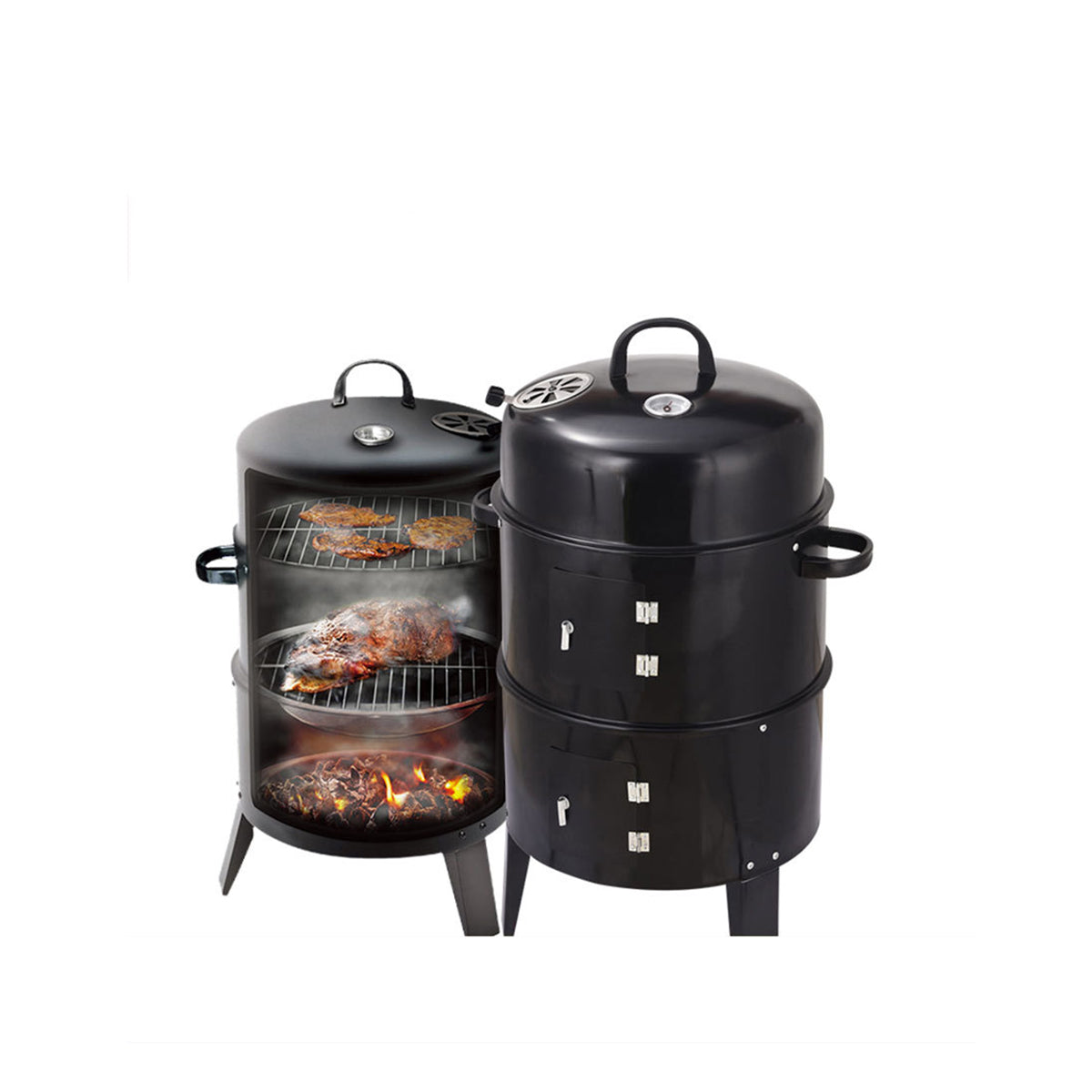 Black twotier smoker with meat and burgers cooking inside