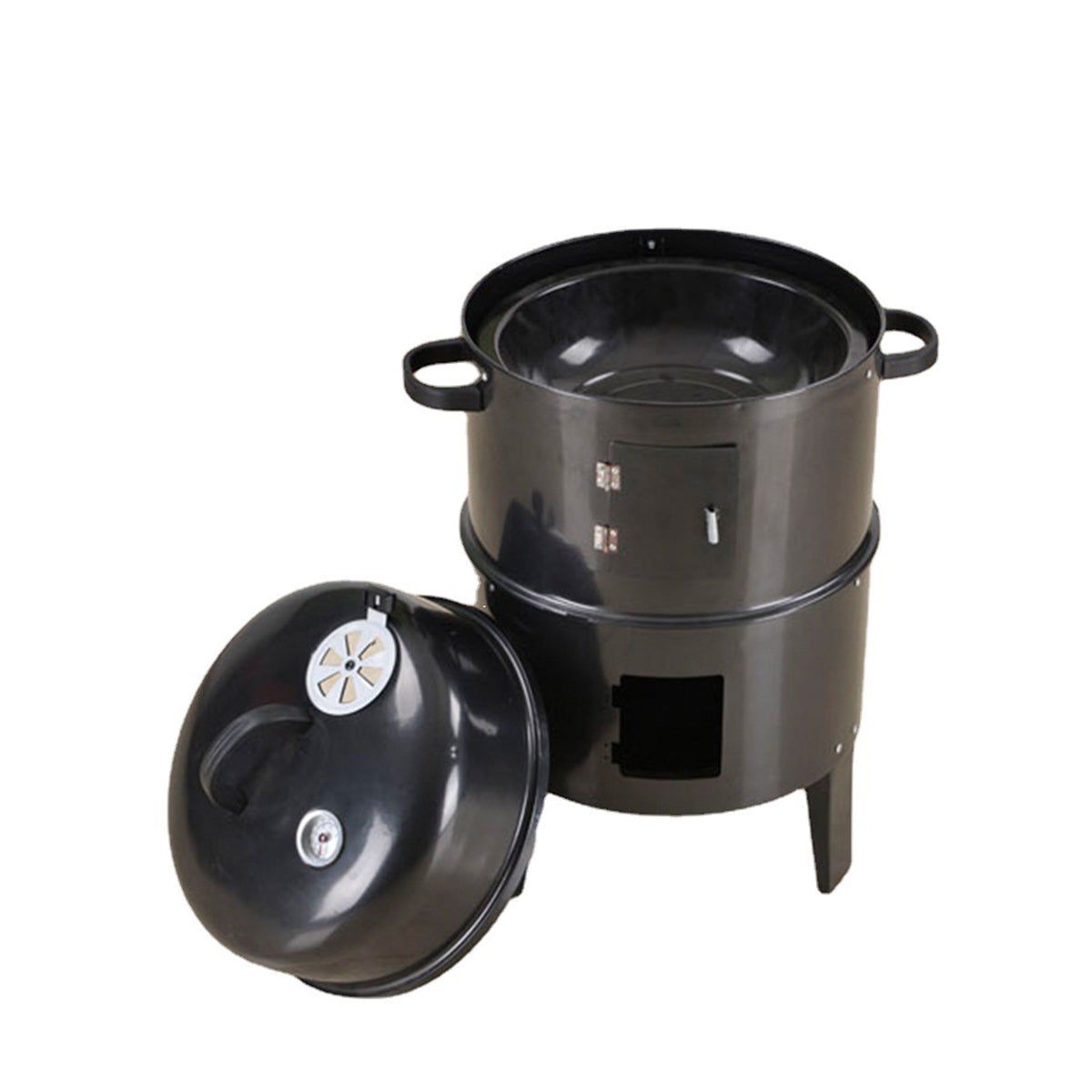 Black charcoal smoker with side vent and removable lid