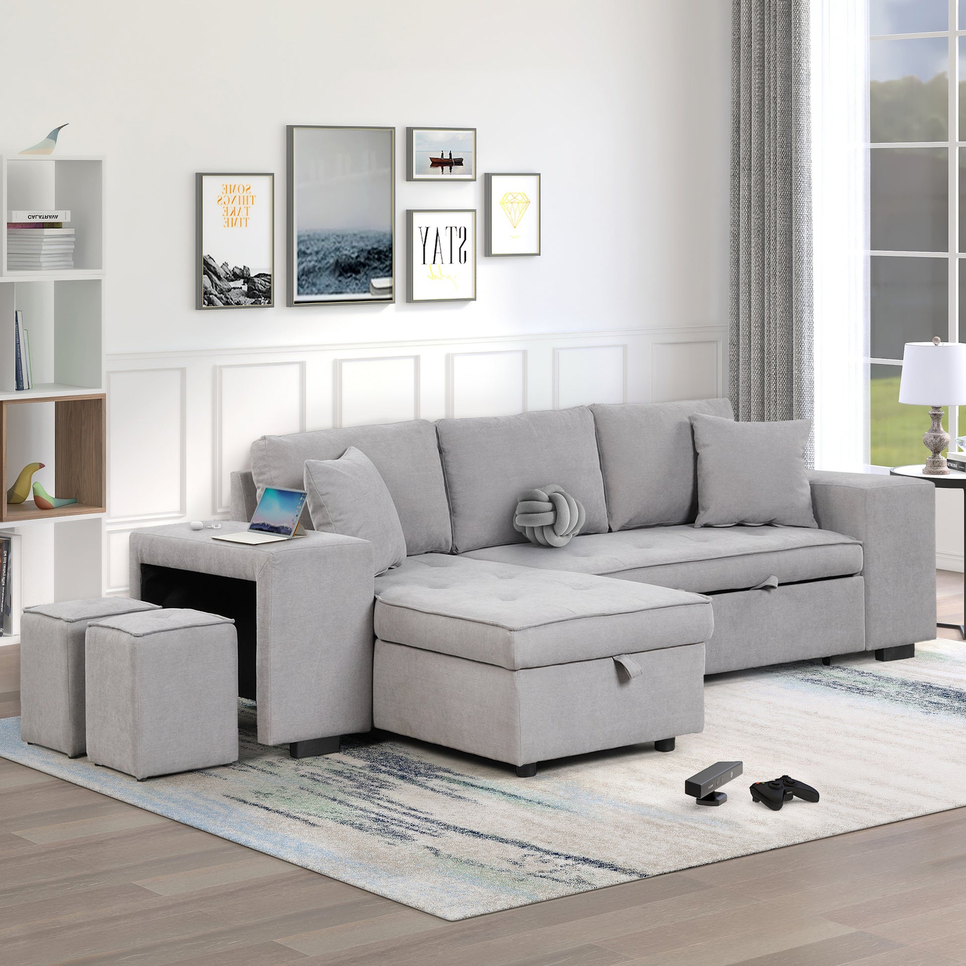Light gray sectional sofa with storage ottomans and decorative knot pillow