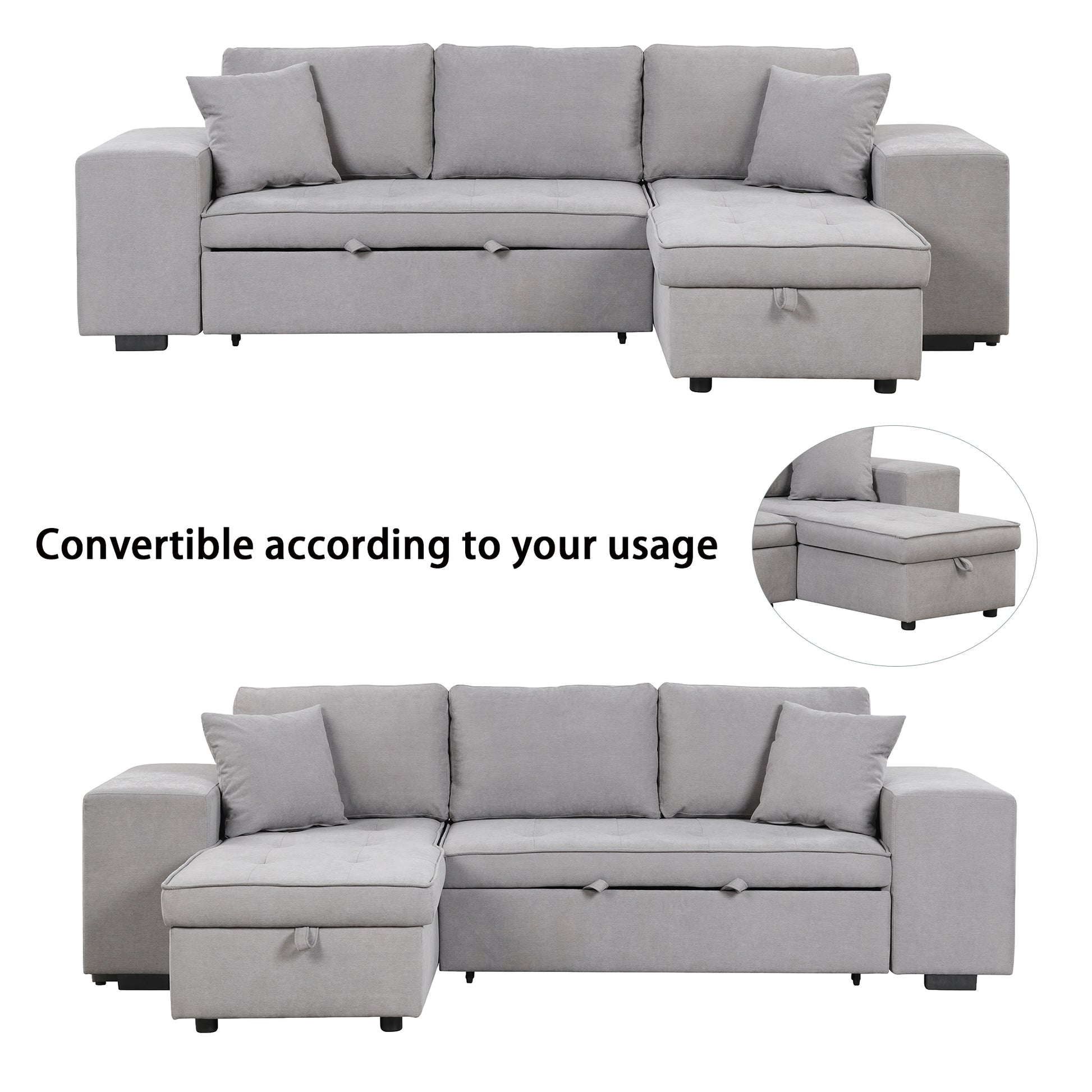 Light gray fabric sectional sofa with storage chaise and plush pillows