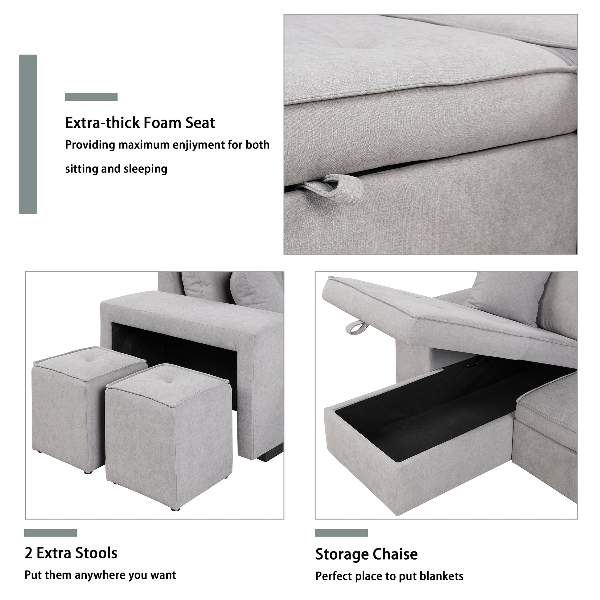 Closeup of a plush extrathick foam sofa seat in light grey fabric