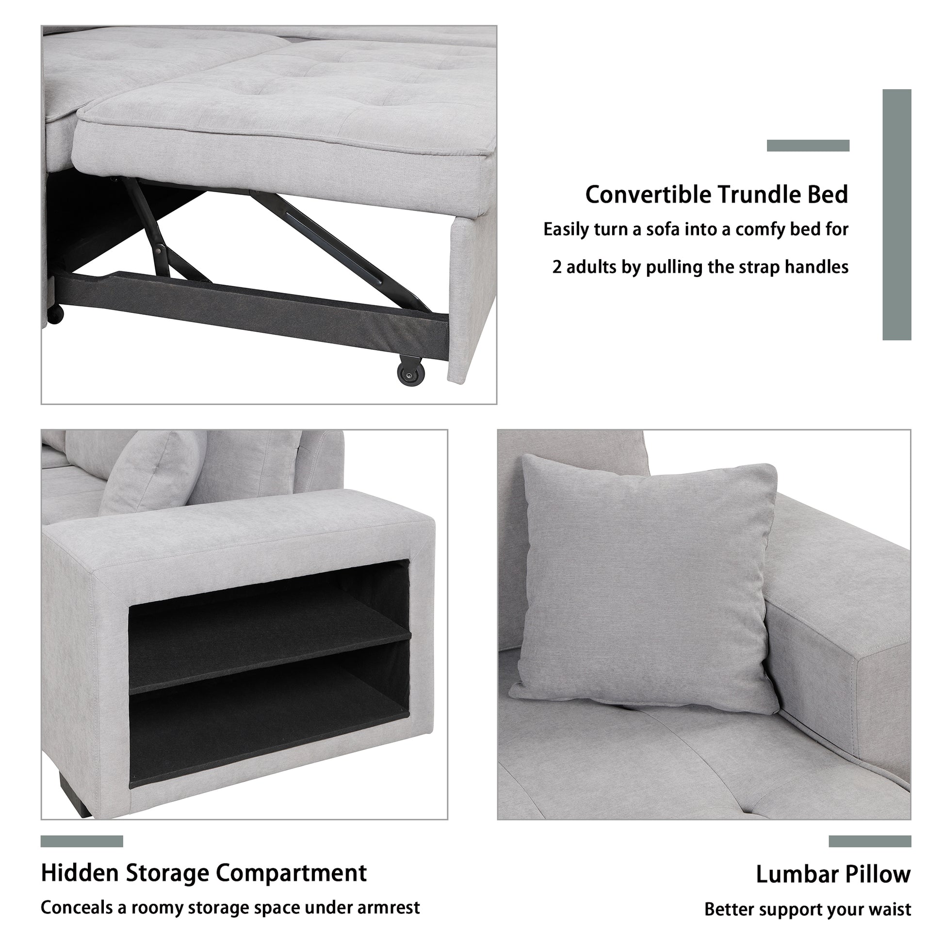 Light grey fabric trundle bed mechanism extended for comfortable sleeping space