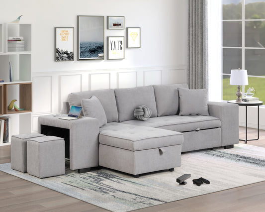 Light gray sectional sofa with chaise and storage featuring square ottomans