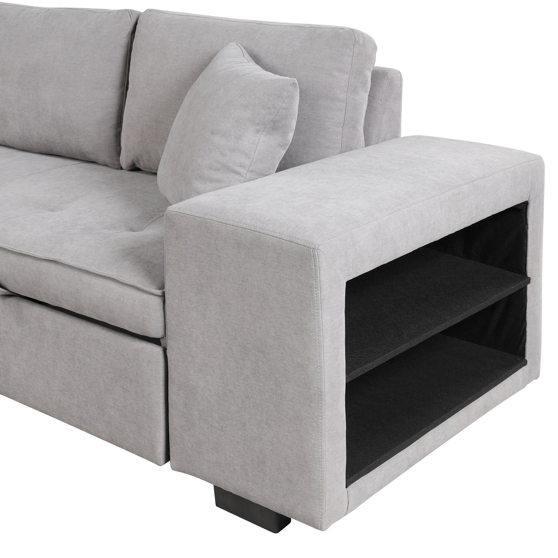 Light gray fabric sectional sofa with integrated side storage shelves
