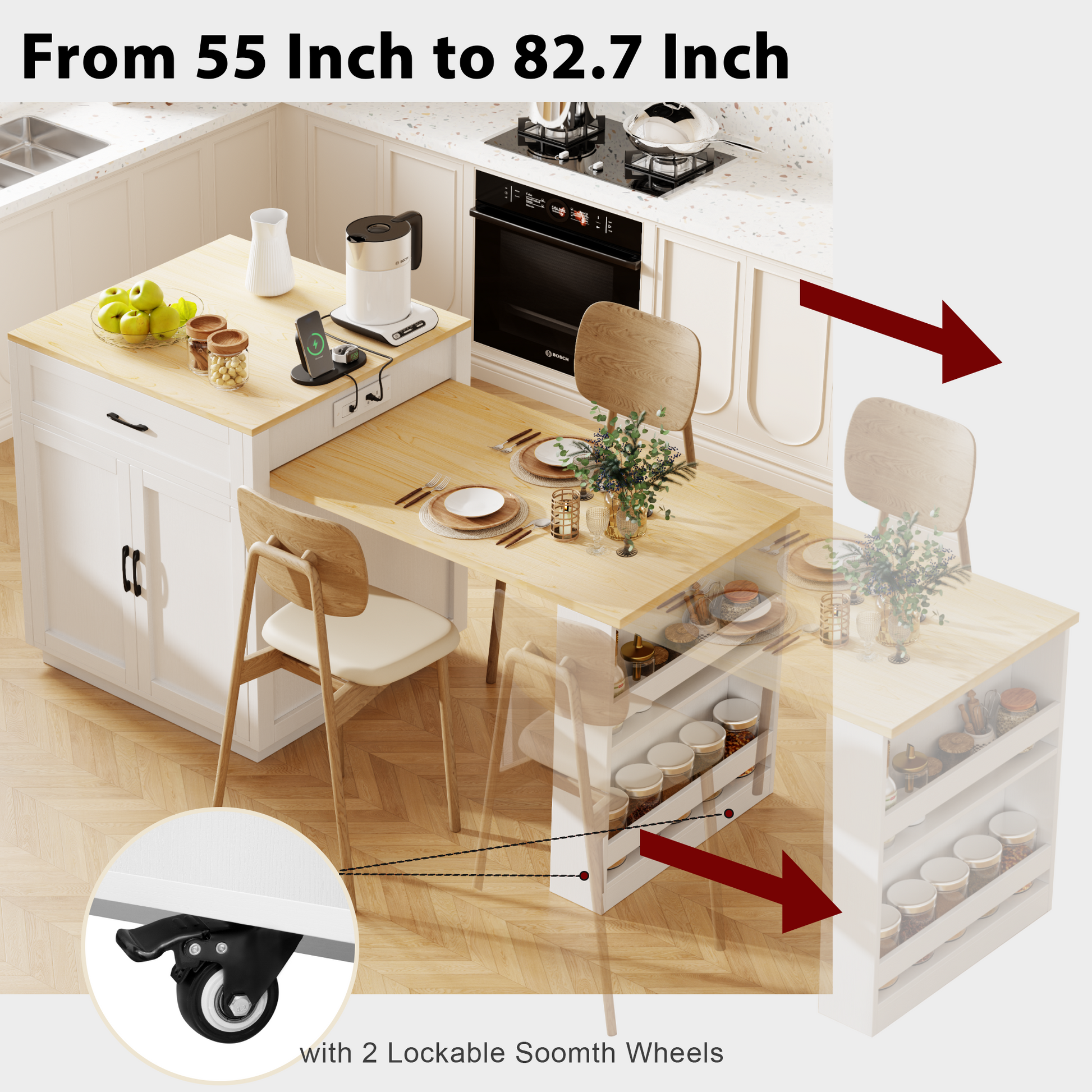White kitchen island with extendable dining table and butcher block top