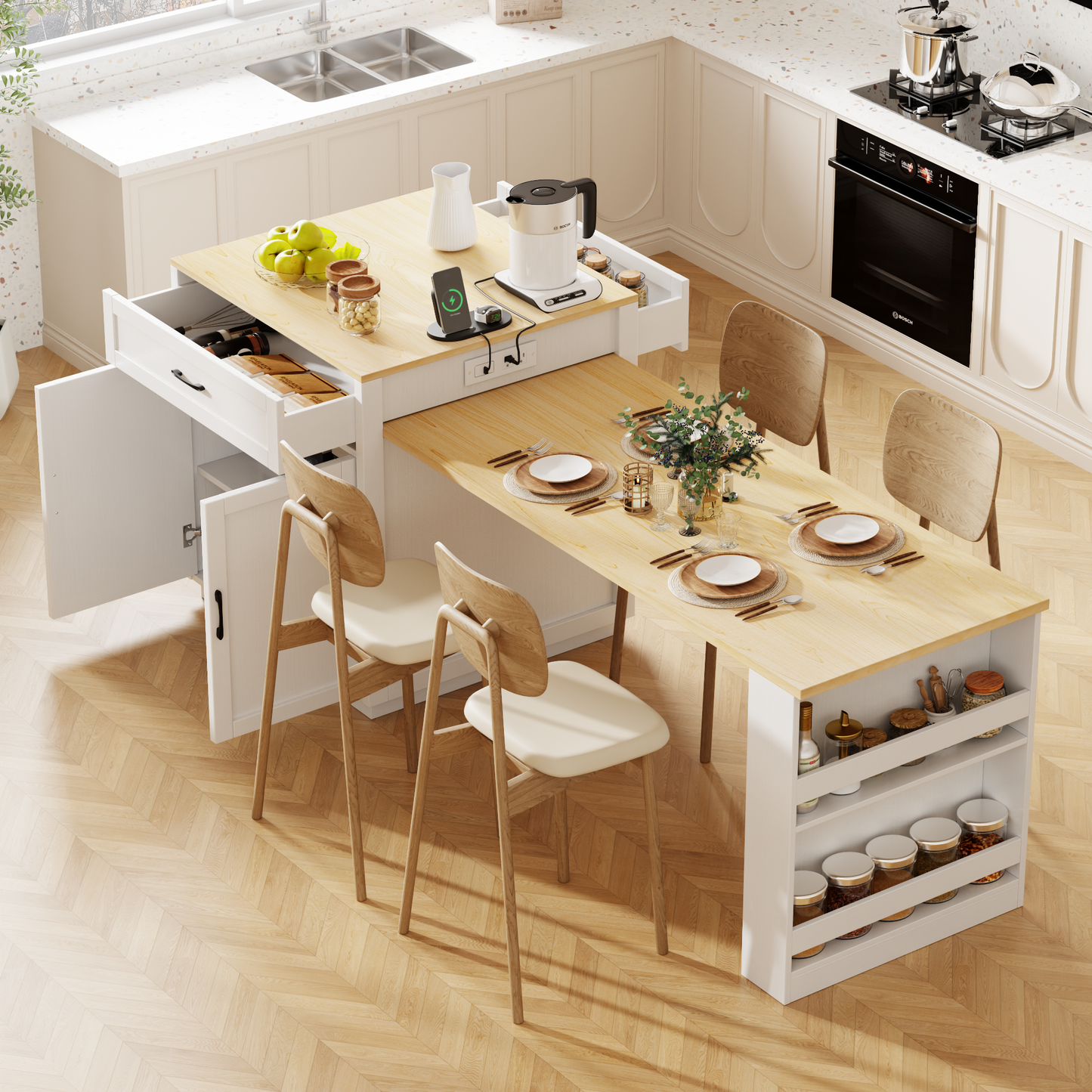 Modern kitchen island with builtin dining table and ample storage for a clean workspace