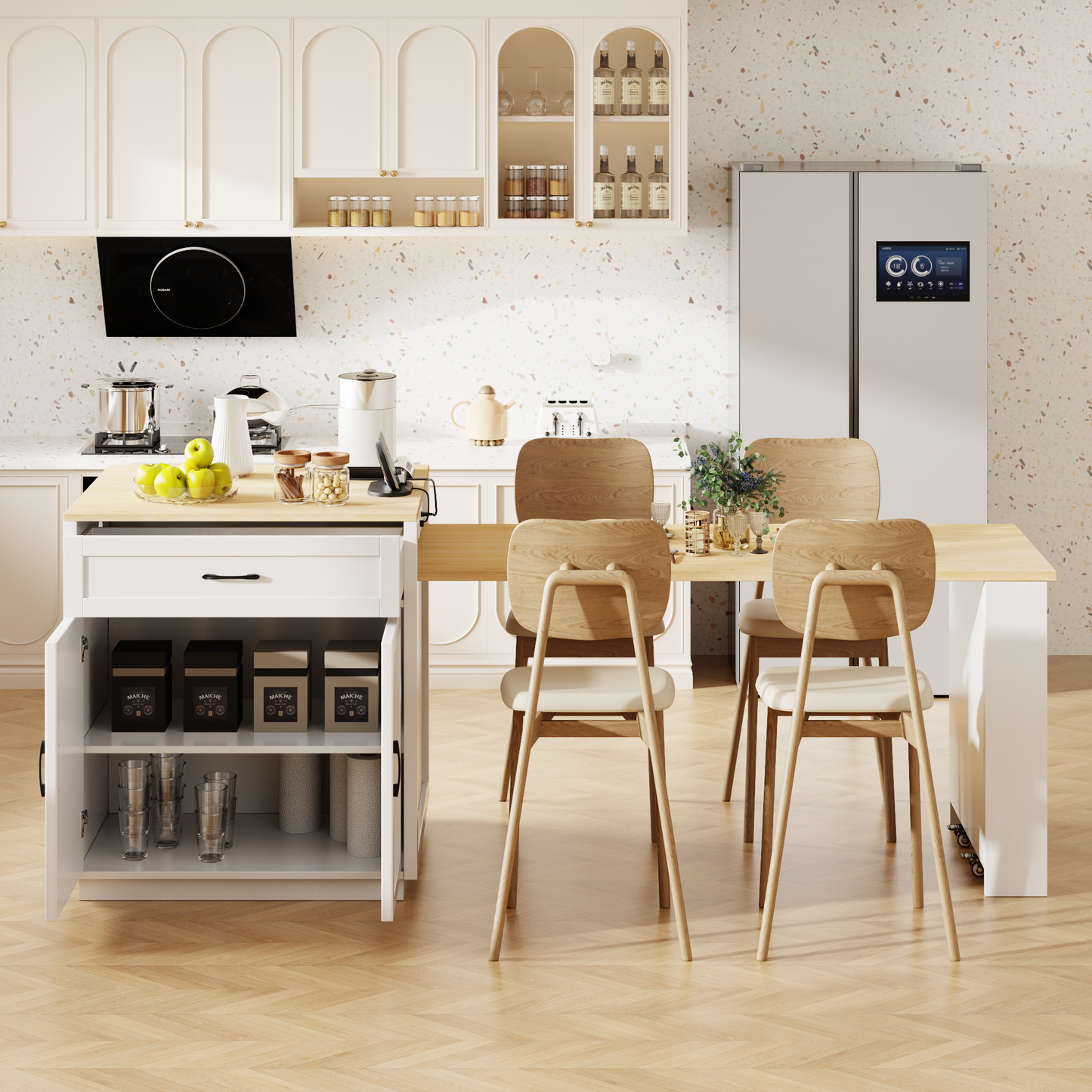 Modern white kitchen island with storage holding apples jars and containers