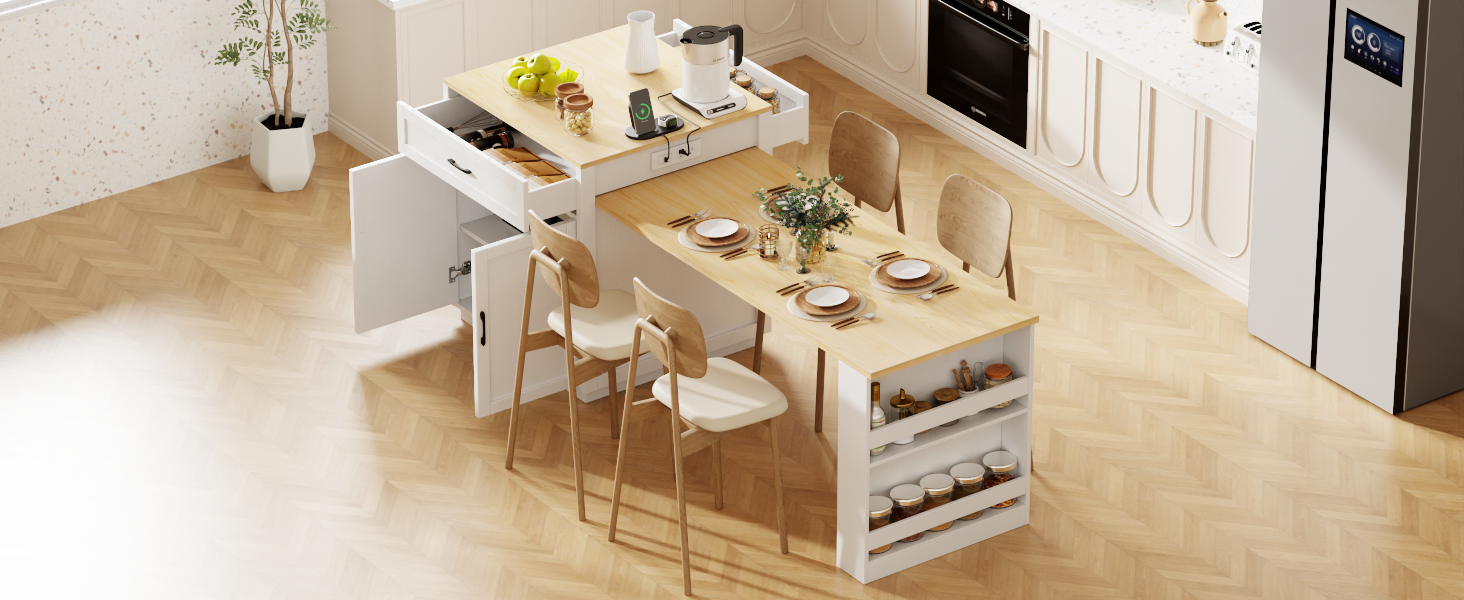 Extendable kitchen island with white cabinets natural wood countertop and four bar stools perfect for small spaces