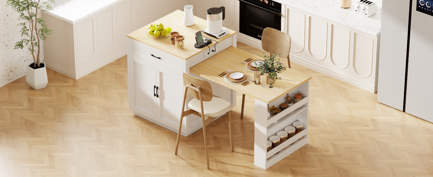 White kitchen island with a wooden countertop and dropleaf extension table