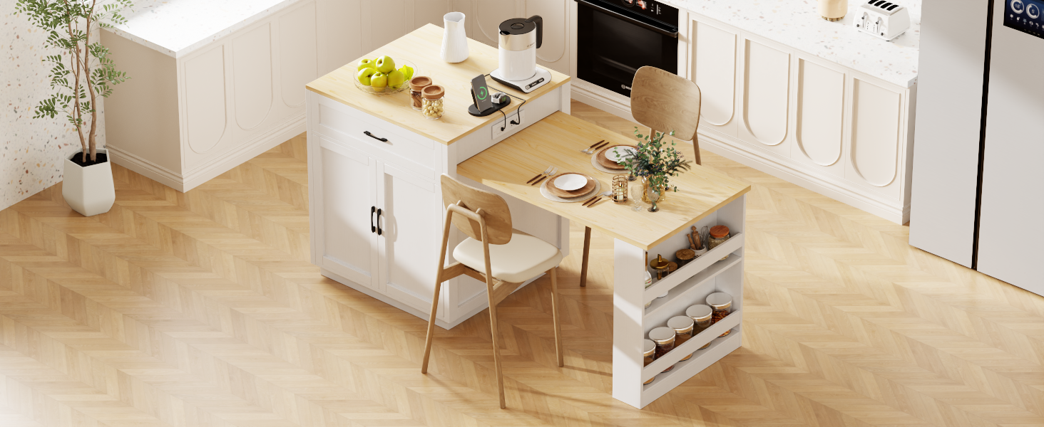 White kitchen island with a wooden countertop and dropleaf extension table
