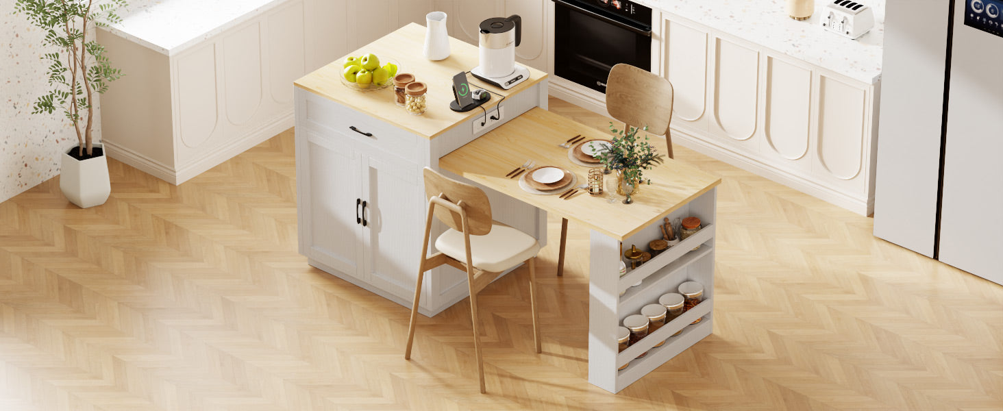 White kitchen island cart with drop leaf table two wooden chairs and storage shelves