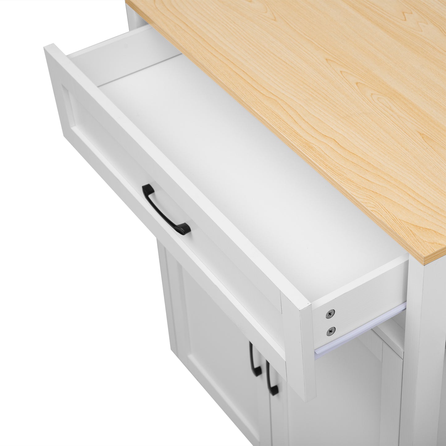 White kitchen island with natural wood top one drawer open black hardware