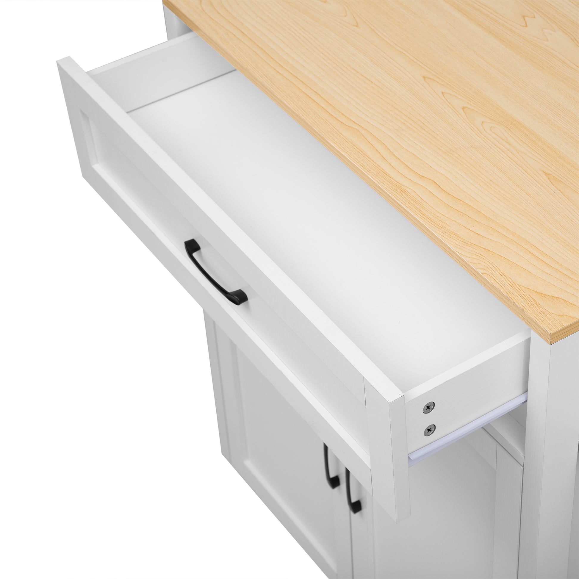 White kitchen island with natural wood top one drawer open black hardware