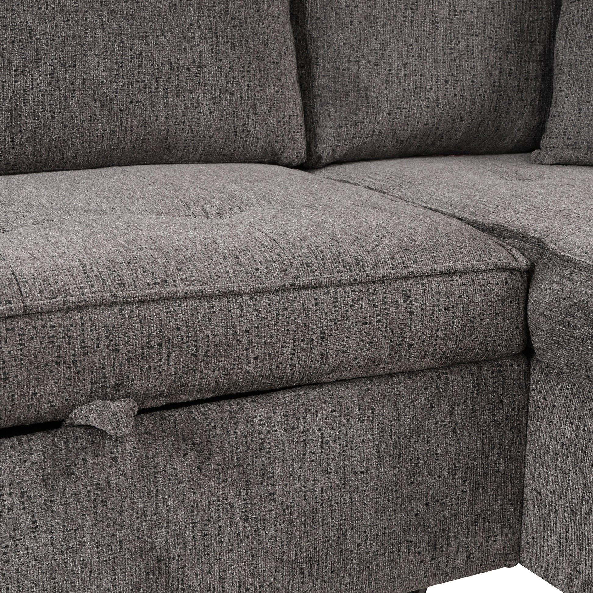Textured charcoal grey fabric sectional sofa with hidden storage compartment open