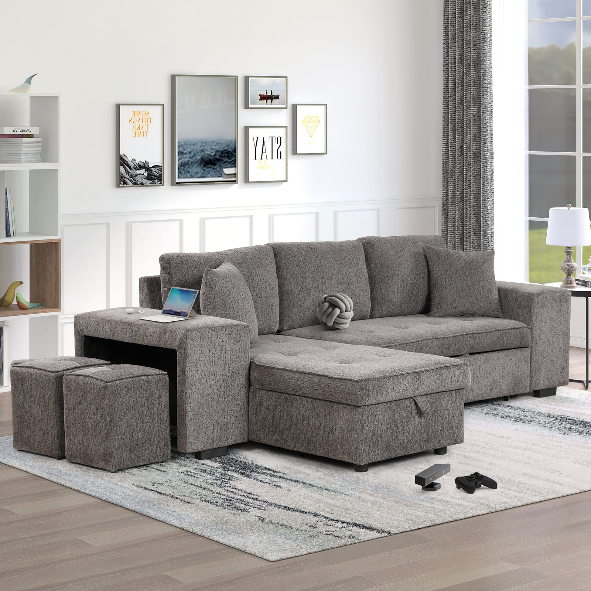 Gray sectional sofa with storage ottoman and two square poufs for living room comfort