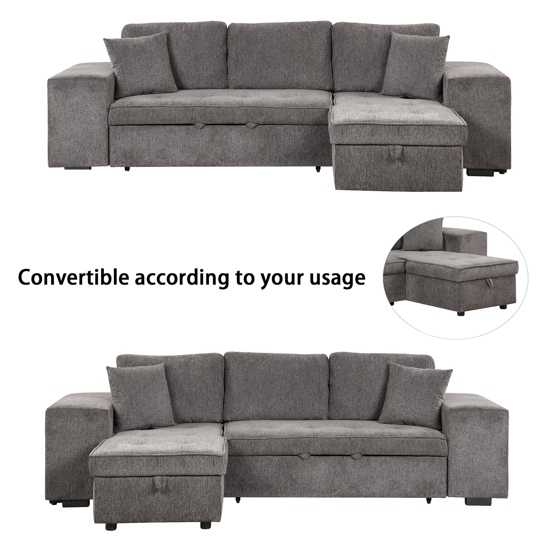 Dark grey upholstered sectional sofa with storage ottoman and pillows