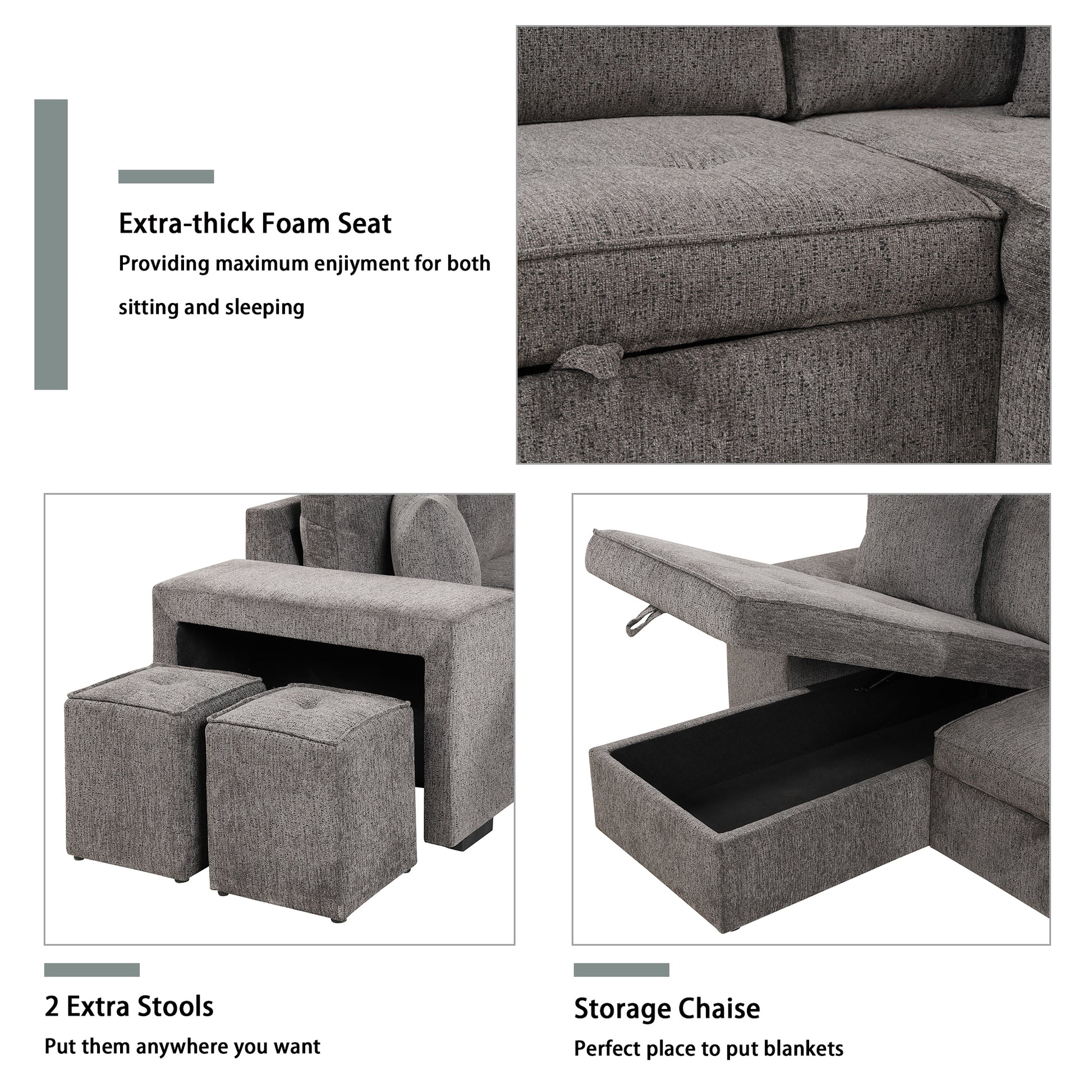 Closeup of grey fabric sectional sofa with extrathick foam seat cushions