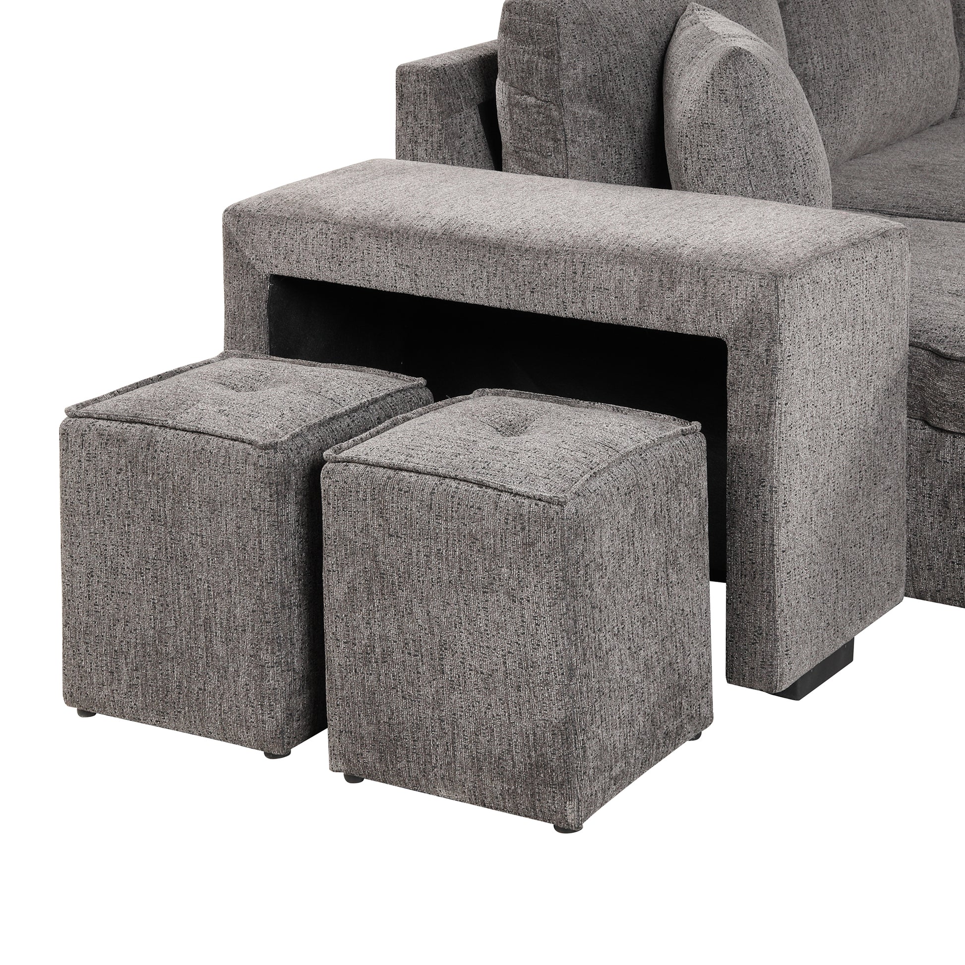 Gray fabric sofa with two square ottoman footrests modern living room furniture