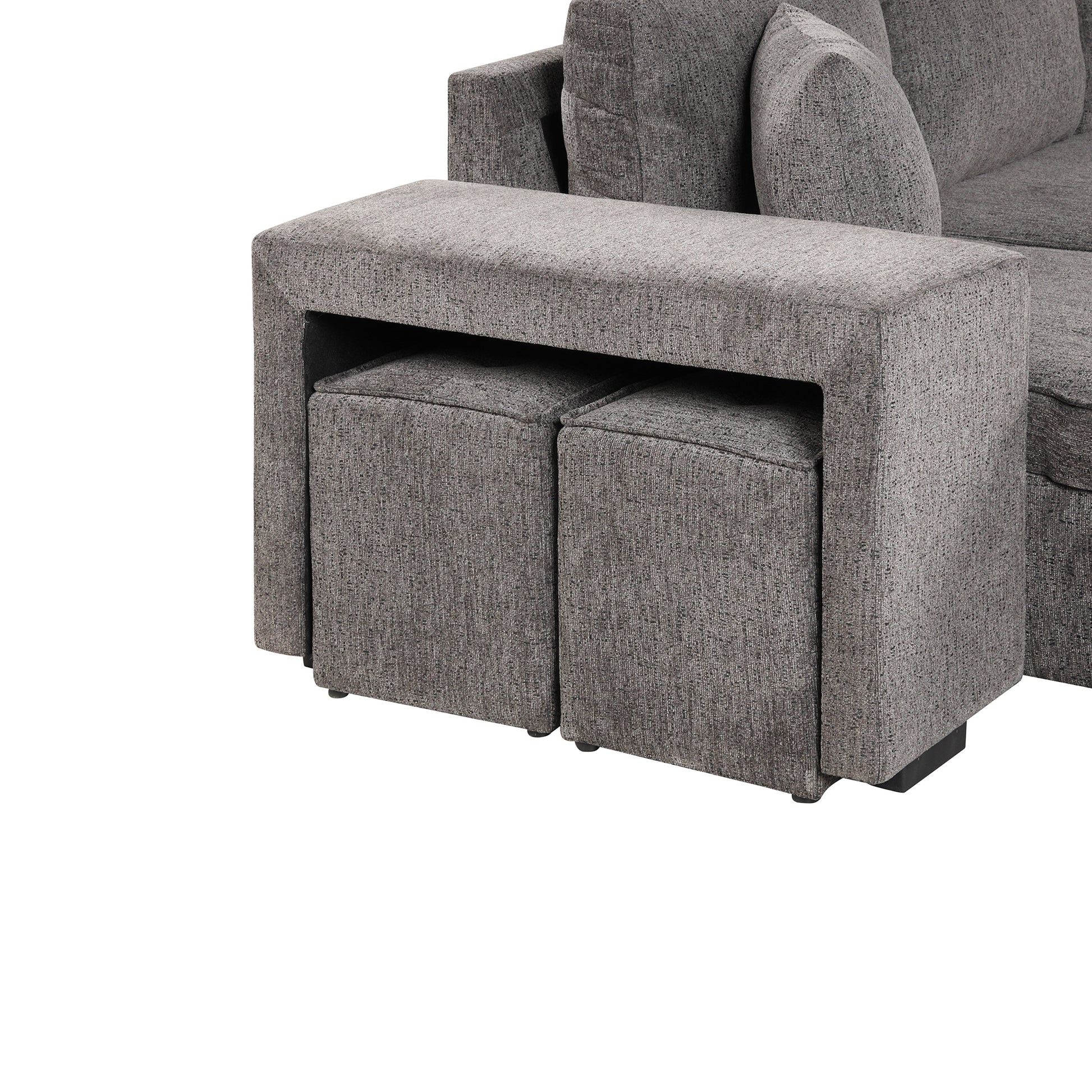Grey textured sectional sofa with hidden ottoman cubes Modern living room furniture