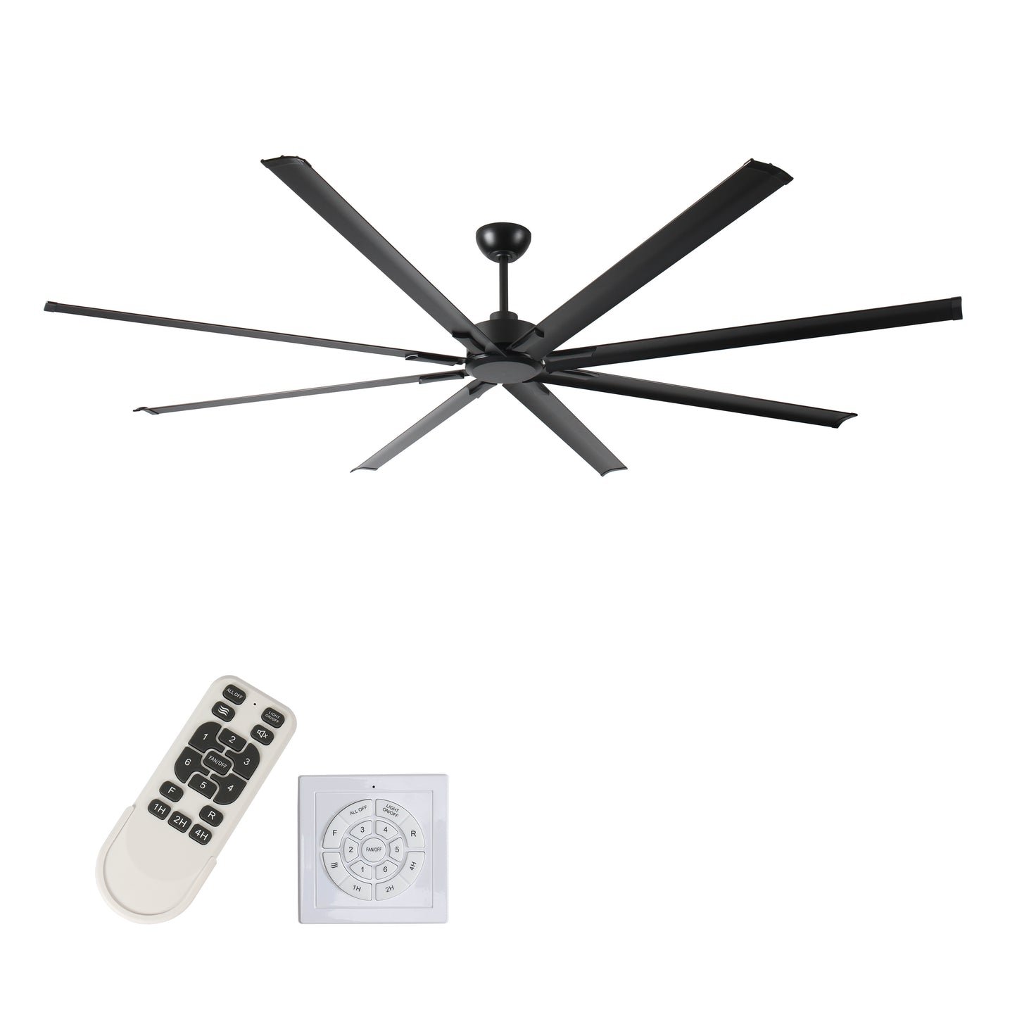 Large black industrial ceiling fan with eight blades sleek modern design