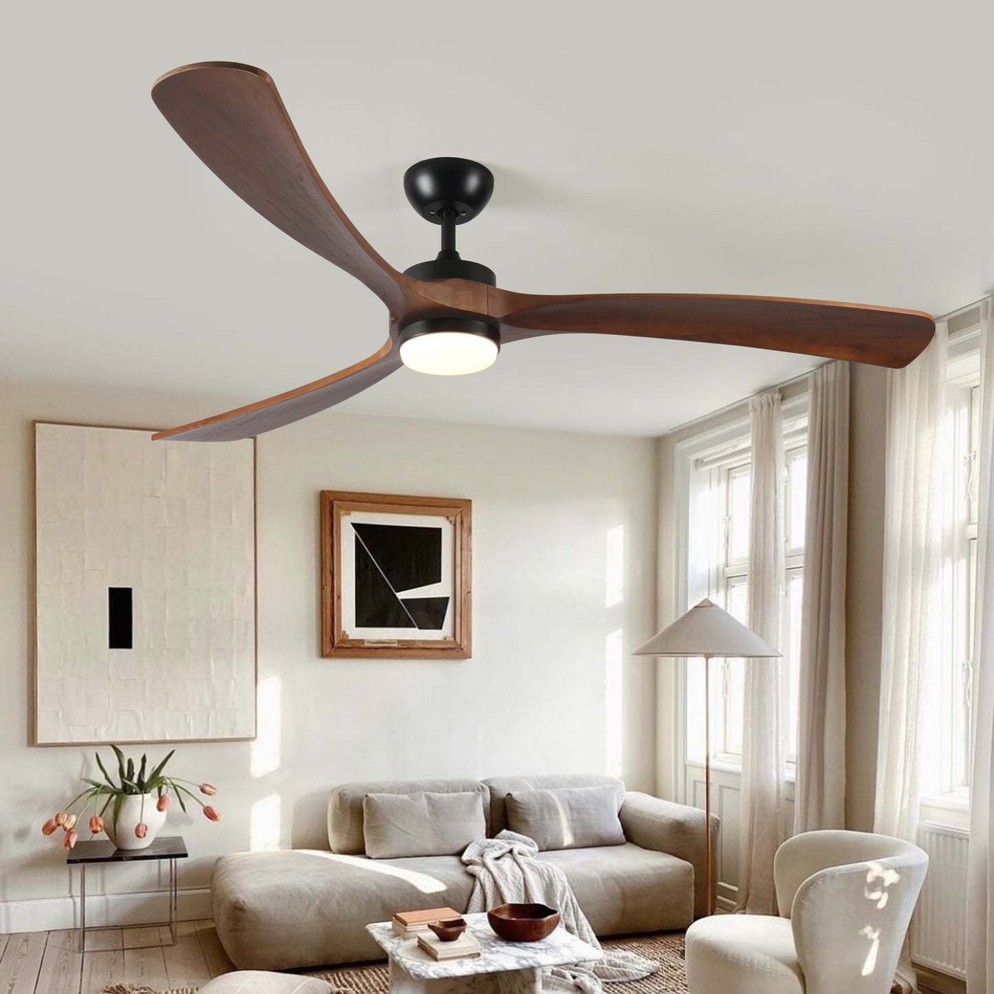 Contemporary dark wood blade ceiling fan with integrated LED light perfect for modern living rooms