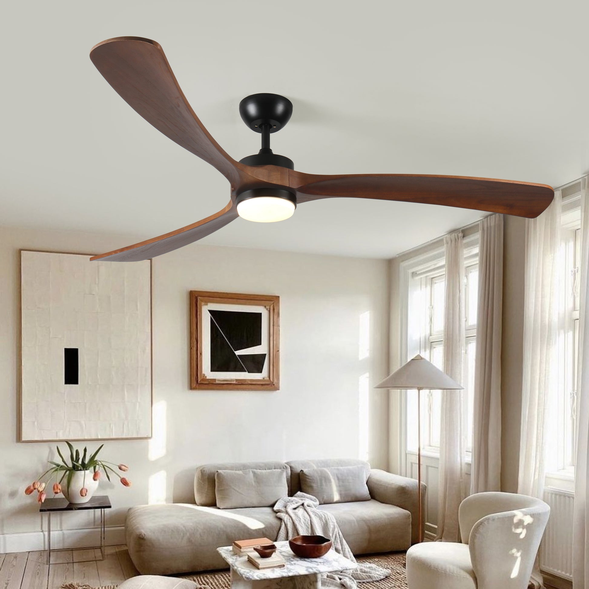 Contemporary dark wood blade ceiling fan with integrated LED light perfect for modern living rooms