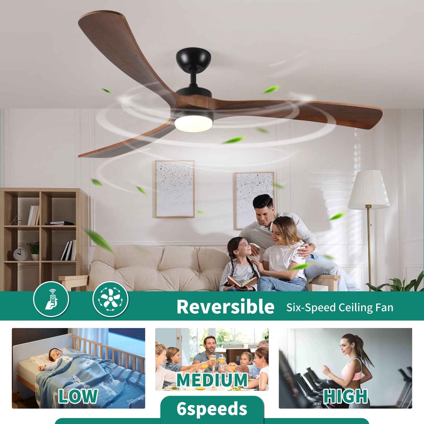 Modern fiveblade walnut ceiling fan with integrated light and remote control
