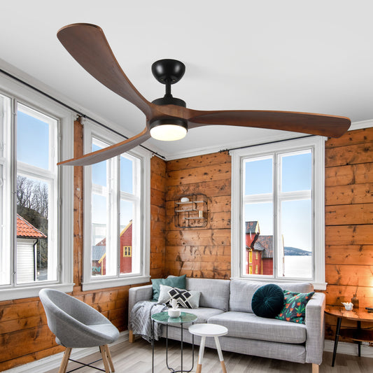 Modern inch dark wood ceiling fan with integrated LED light featuring elegant curves