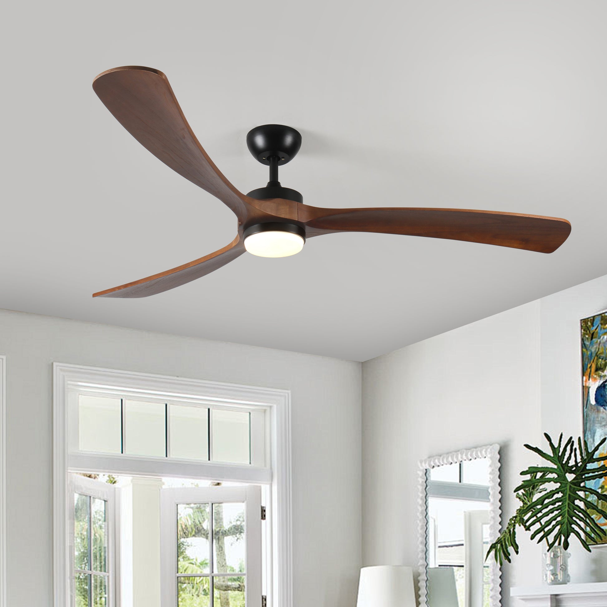 Modern wood blade ceiling fan with black motor and integrated LED light