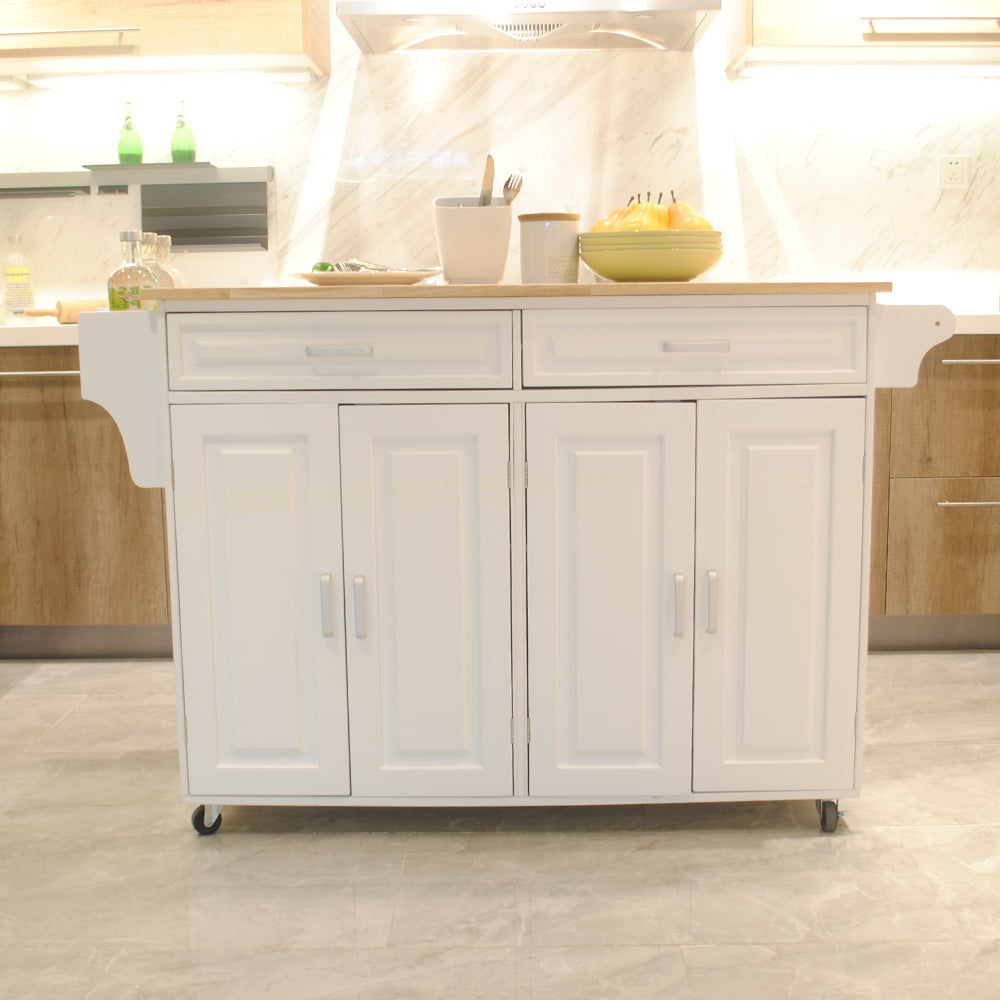 White kitchen island with wooden countertop and four cabinet doors