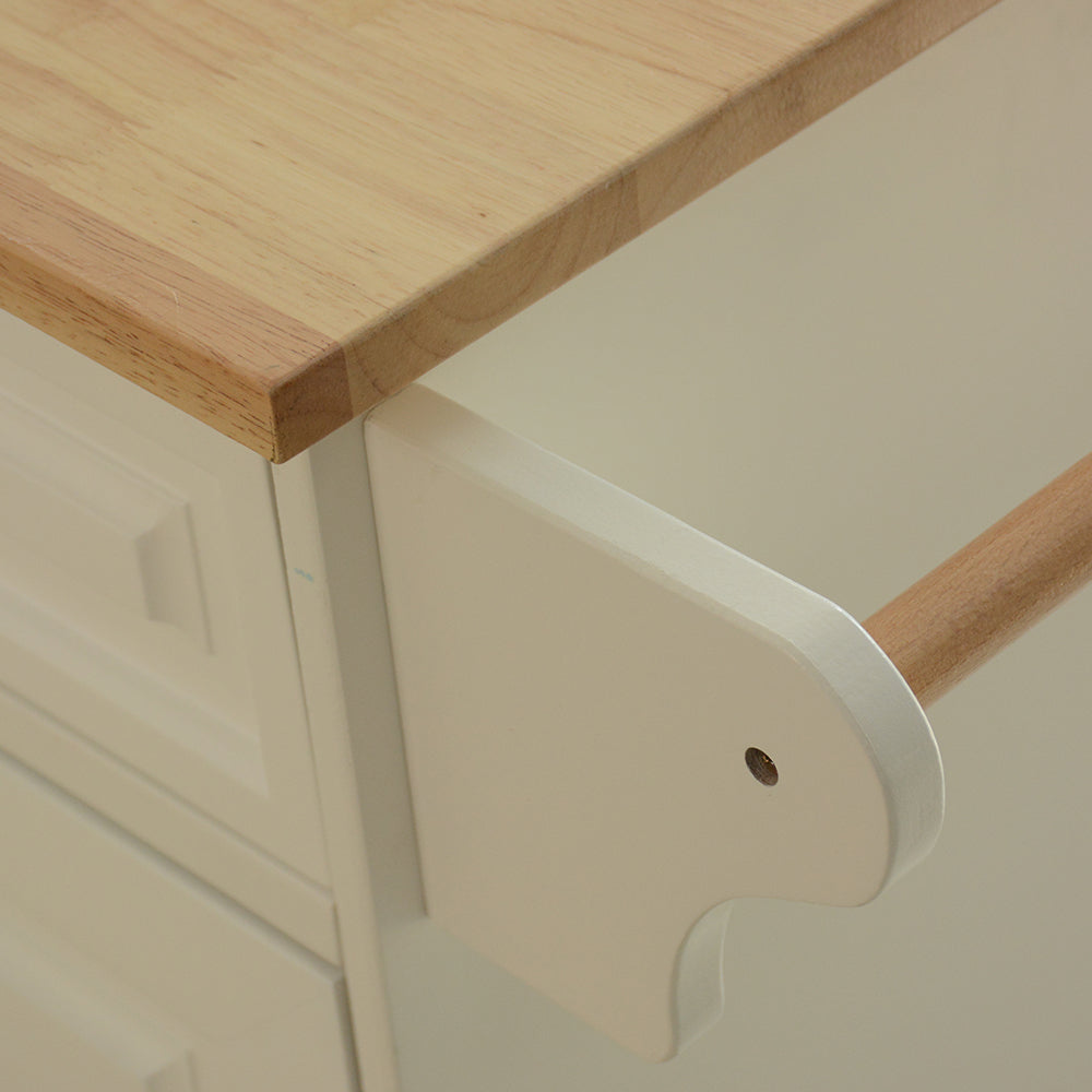Cream kitchen island with wooden countertop and towel rack