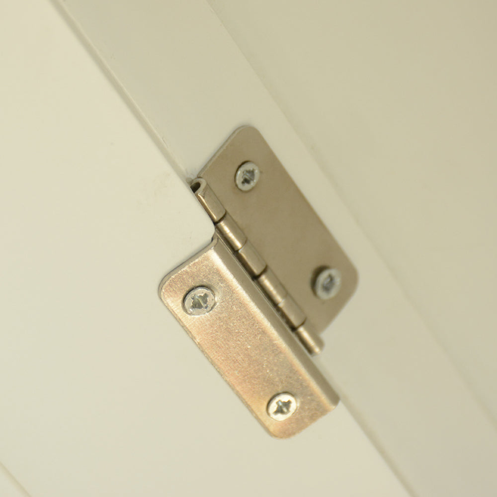 Brushed nickel surface mount door hinge with visible screws