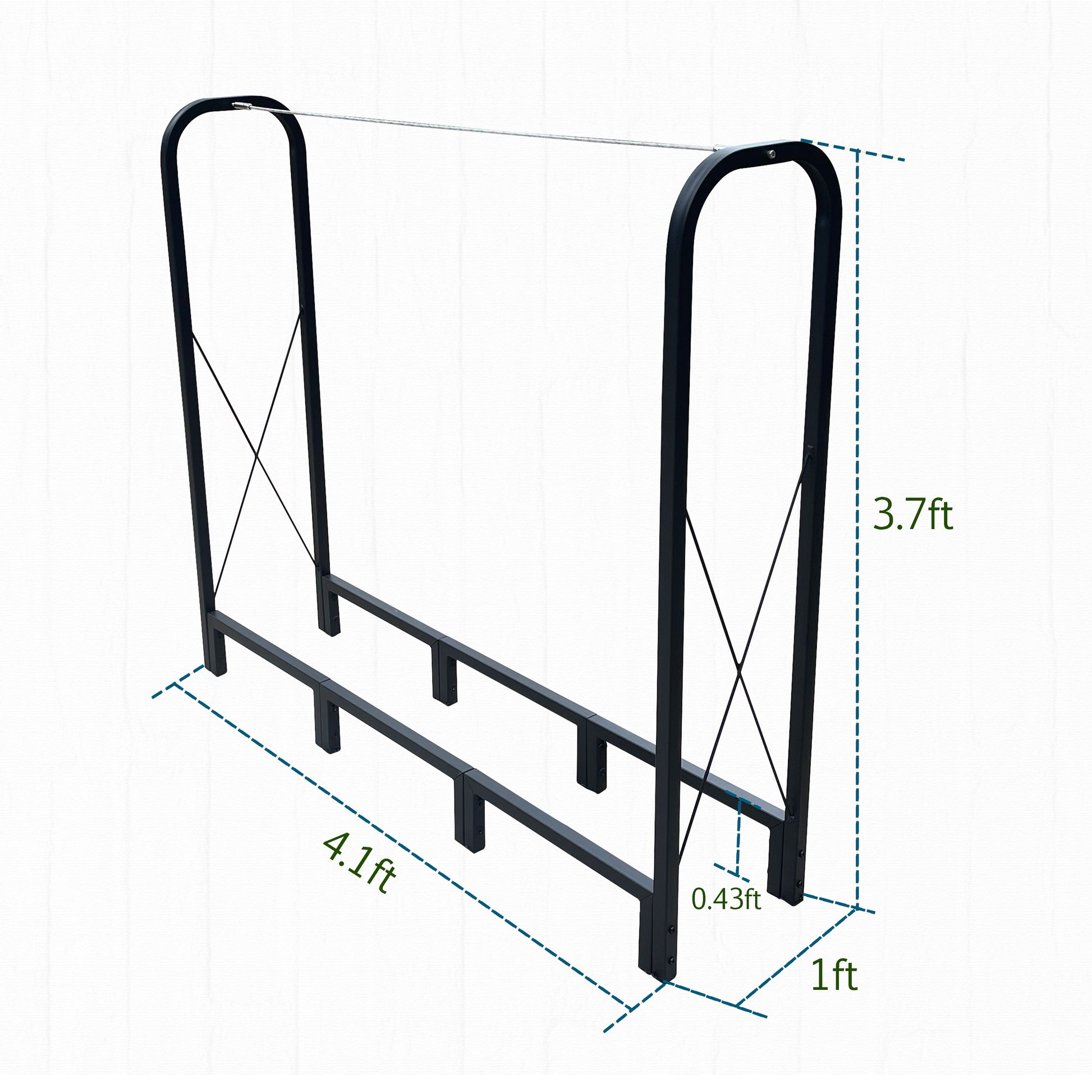Black metal firewood rack with reinforced cross supports for durability