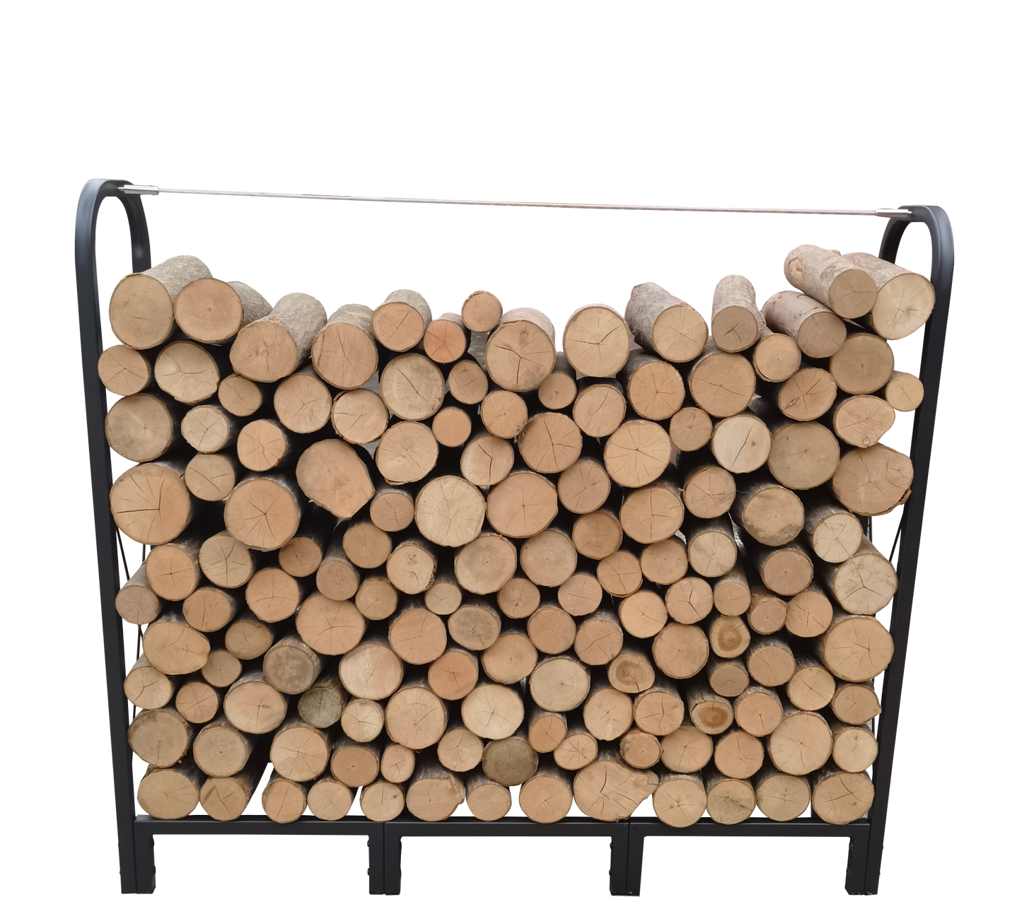 Stacked firewood logs on a black metal log rack ready for winter