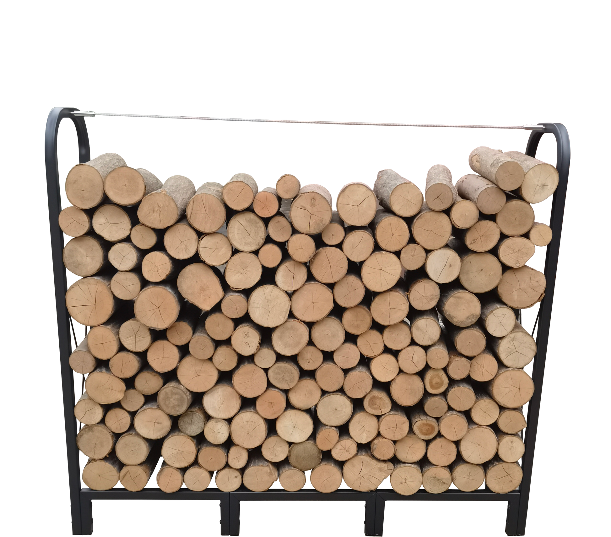 Stacked firewood logs on a black metal log rack ready for winter