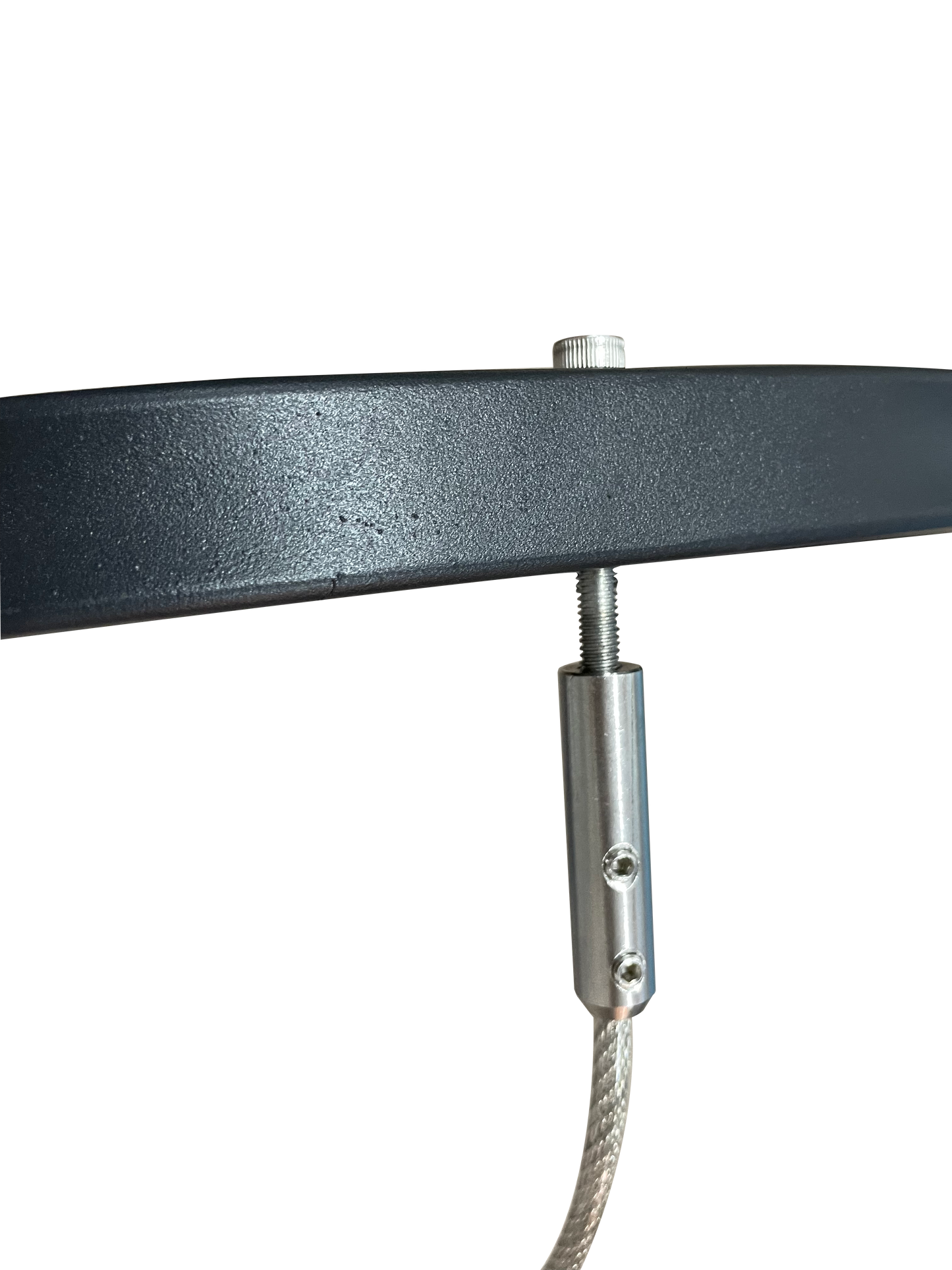 Detail of black metal frame with brushed silver cable clamp for hanging