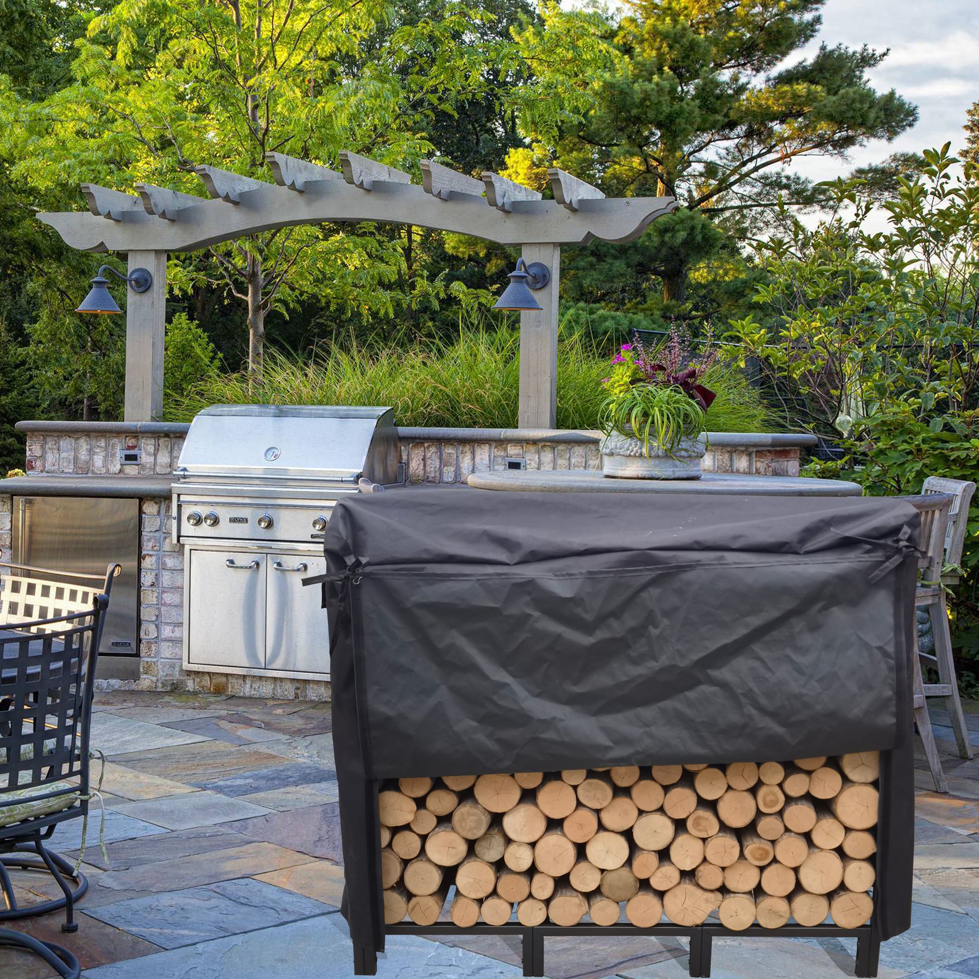 Black log rack cover protecting neatly stacked firewood in an outdoor patio setting