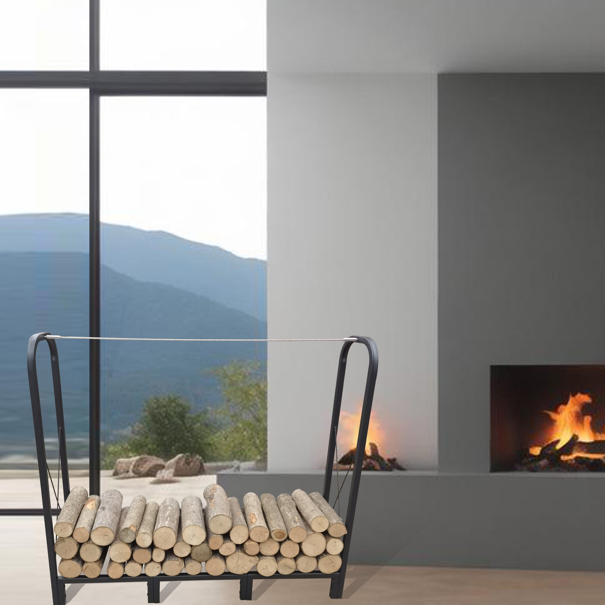 Black metal log rack filled with dry firewood for fireplace use