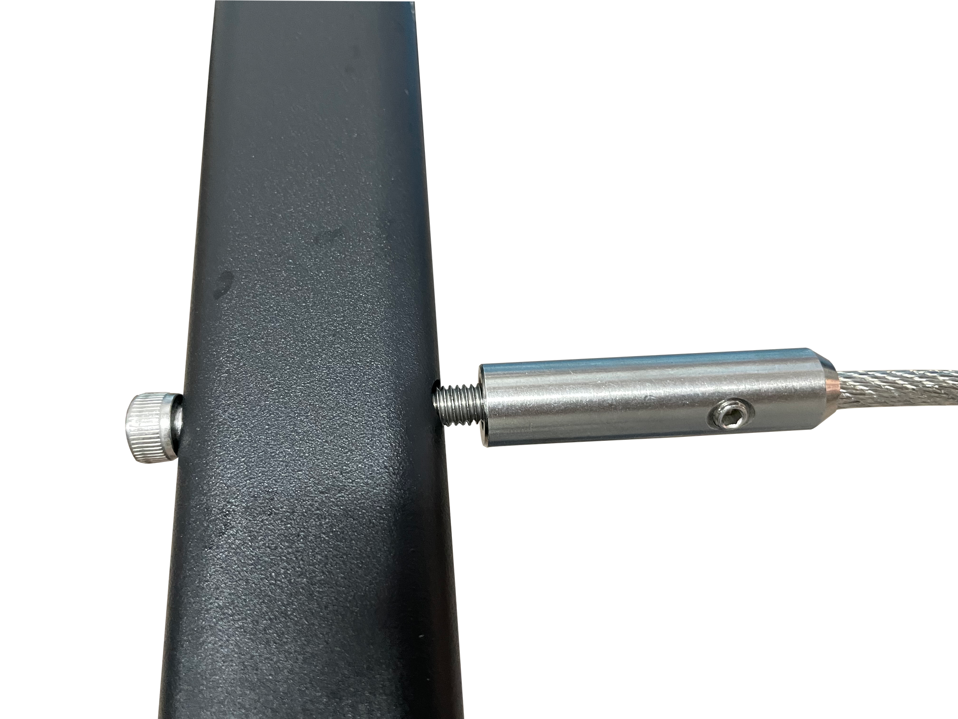 Closeup of black metal railing fitting with threaded cable attachment for stability