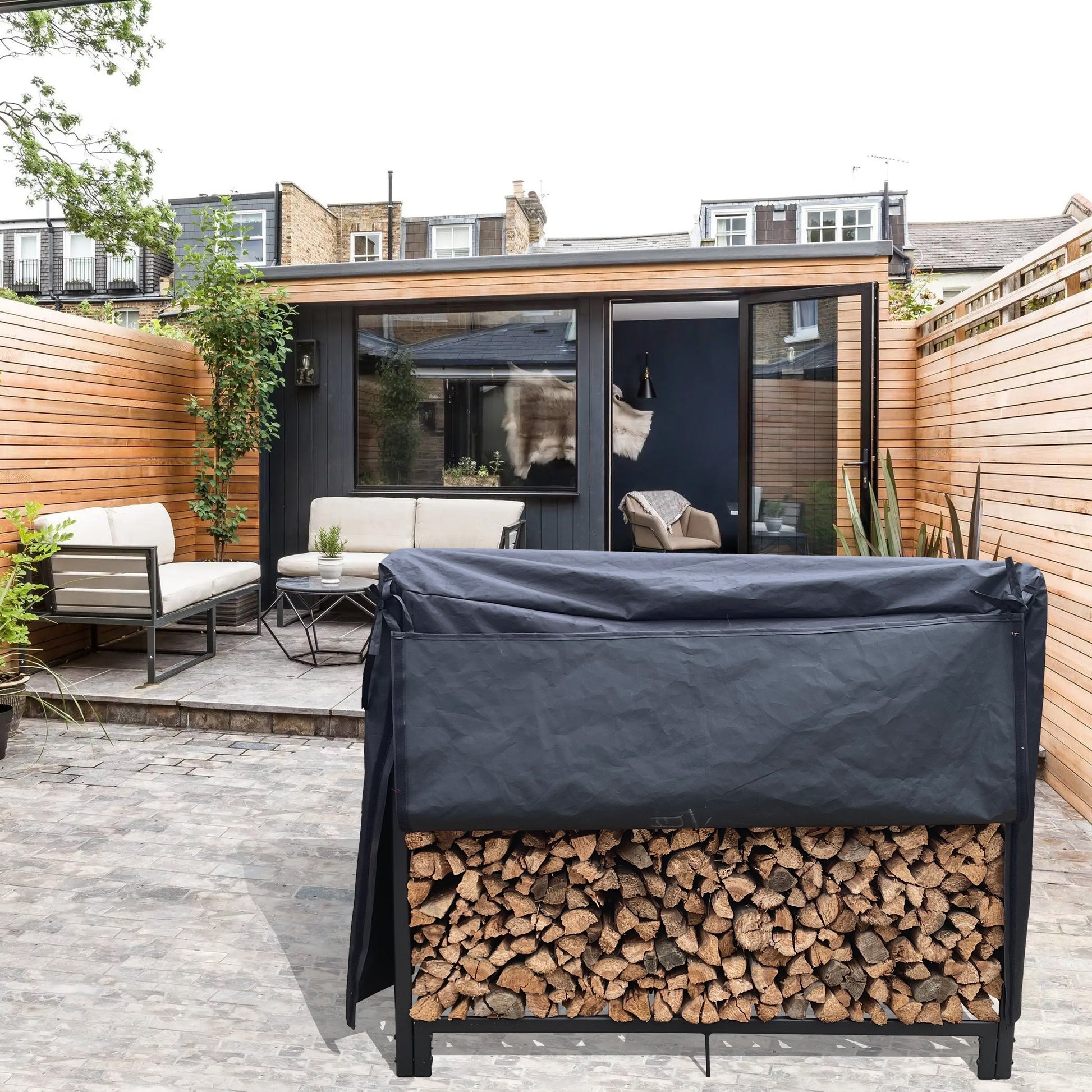 Durable black log holder cover protecting firewood from weather elements