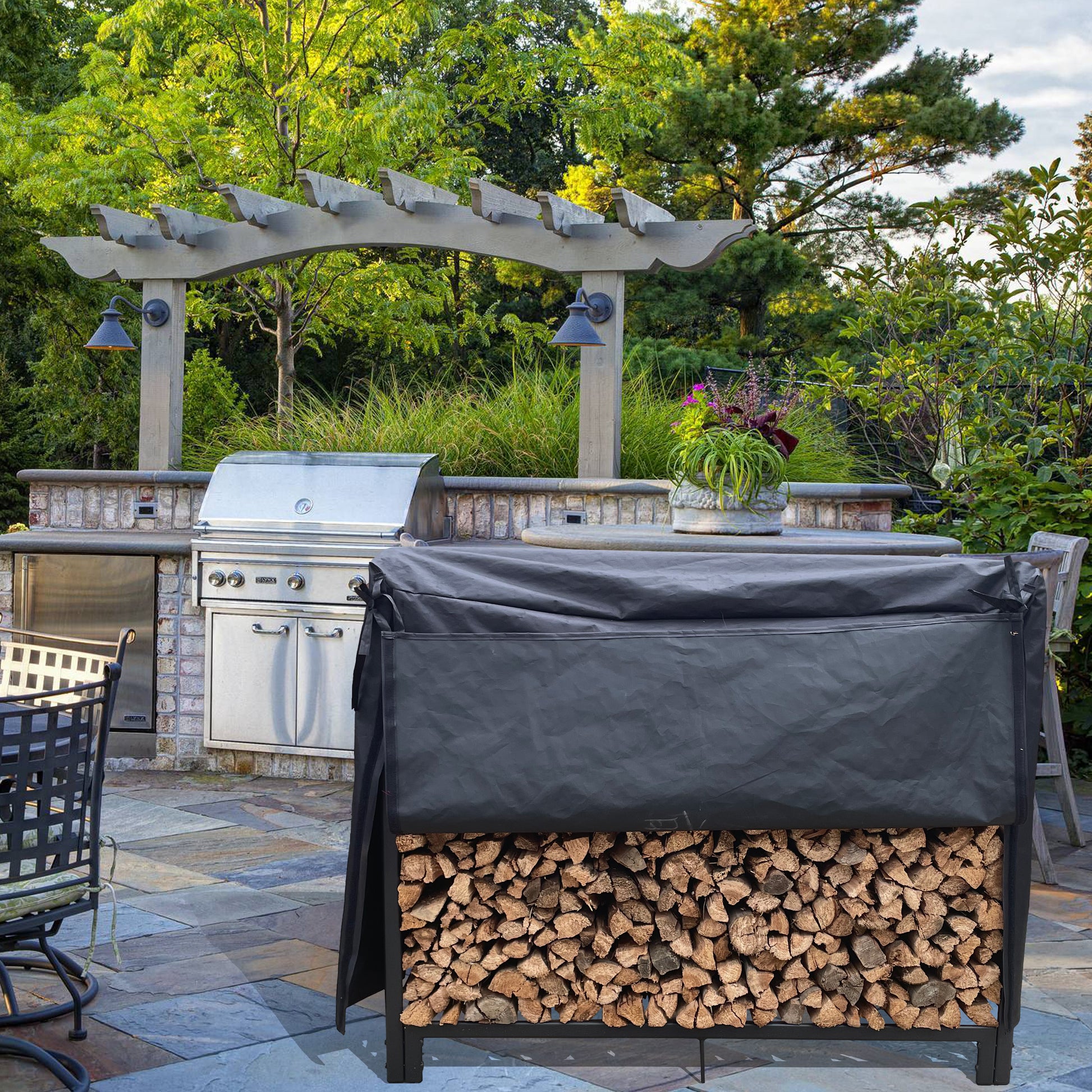 Heavyduty black firewood log rack cover with full sides and bottom protection