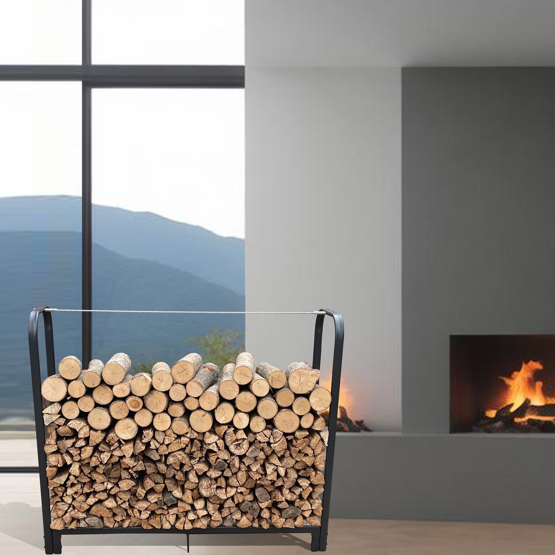 Black metal log holder brimming with neatly stacked firewood beside a modern fireplace